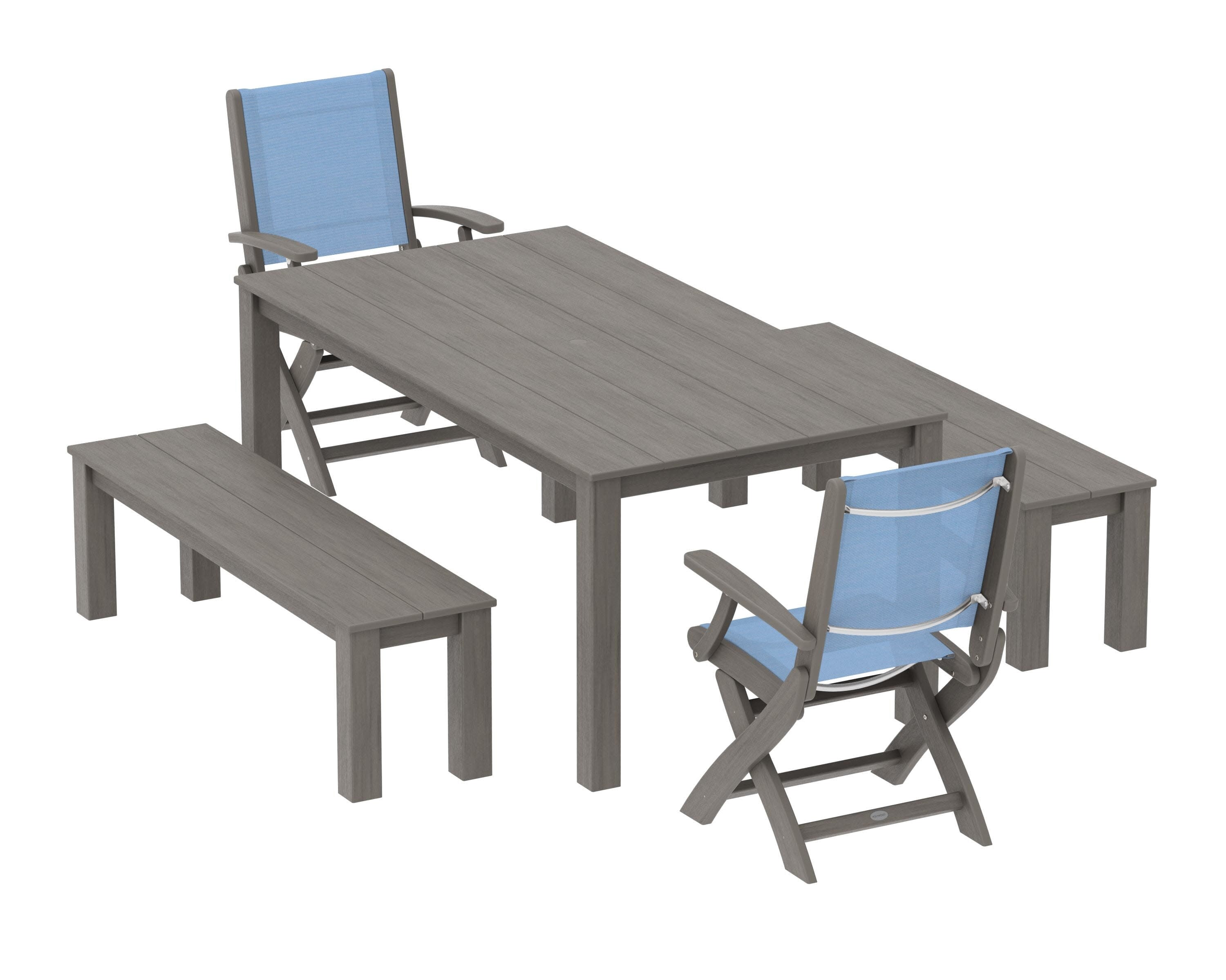 Coastal Folding Chair 5-Piece Parsons Dining Set with Benches in Driftwood / Poolside Sling