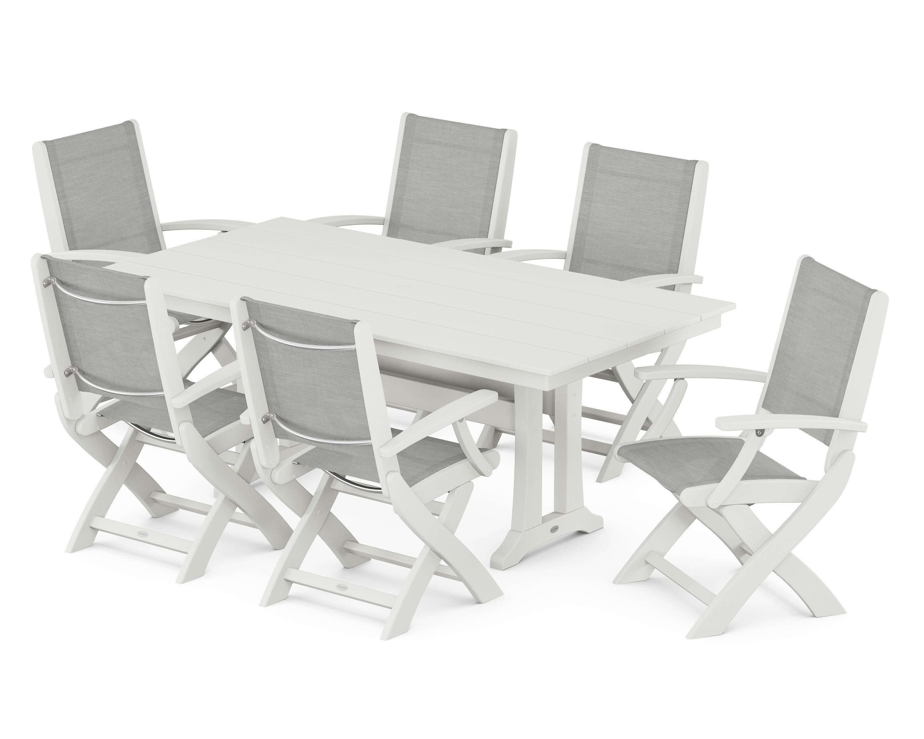 Coastal Folding Arm Chair 7-Piece Farmhouse Dining Set with Trestle Legs in Vintage White / Metallic Sling