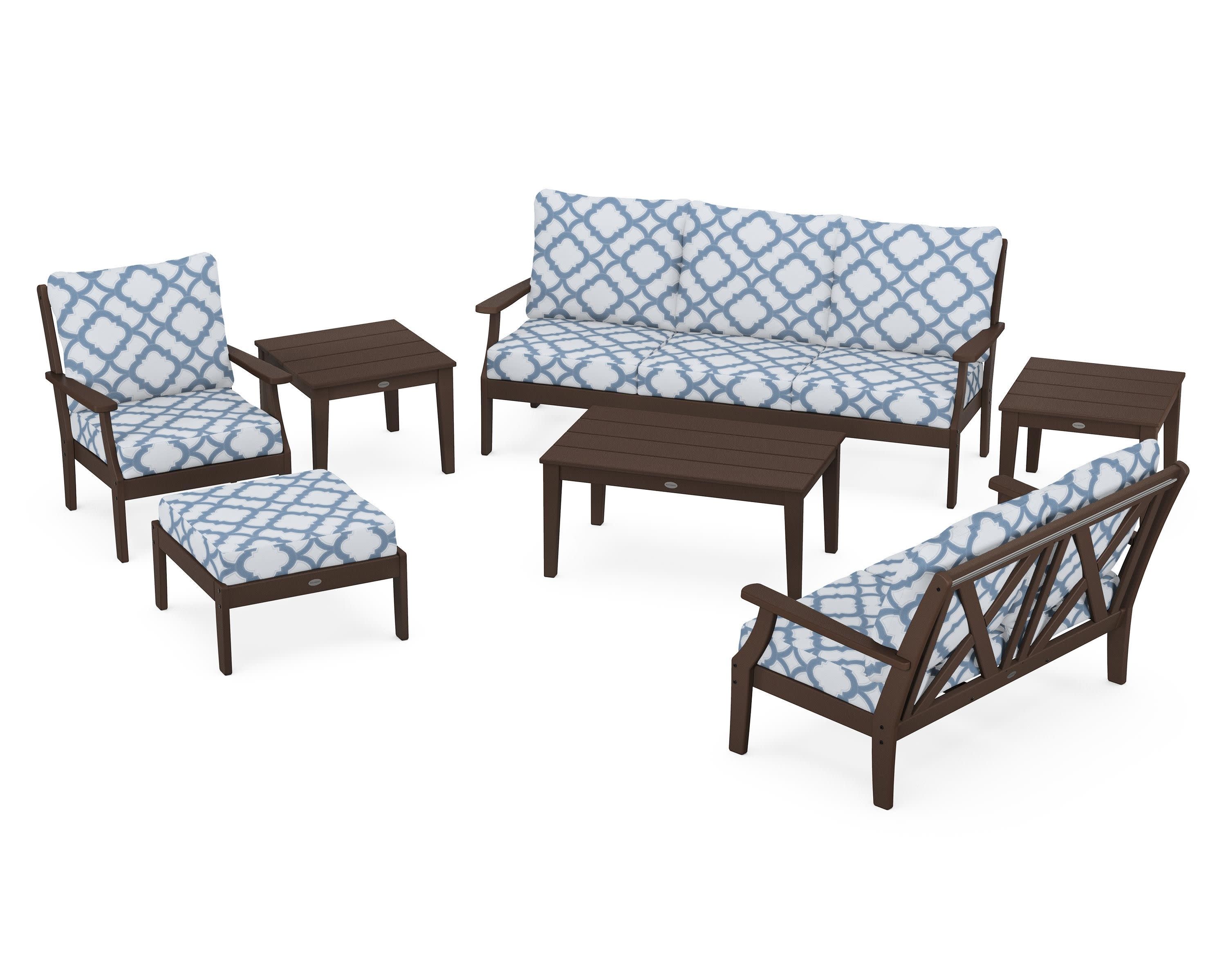 Braxton 7-Piece Deep Seating Set in Mahogany / Trellis Sky Blue