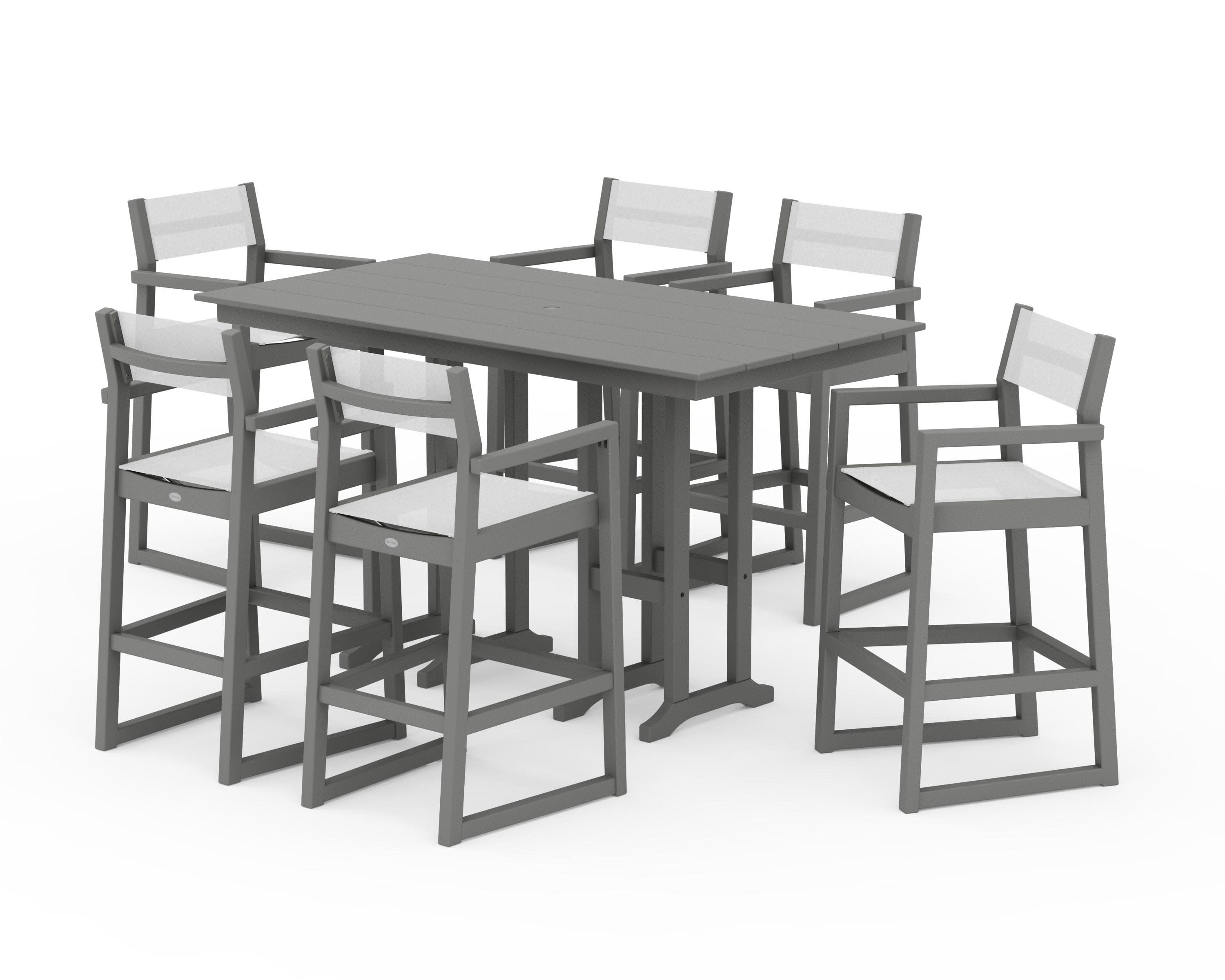 EDGE Sling Arm Chair 7-Piece Farmhouse Bar Set in Slate Grey / White Sling