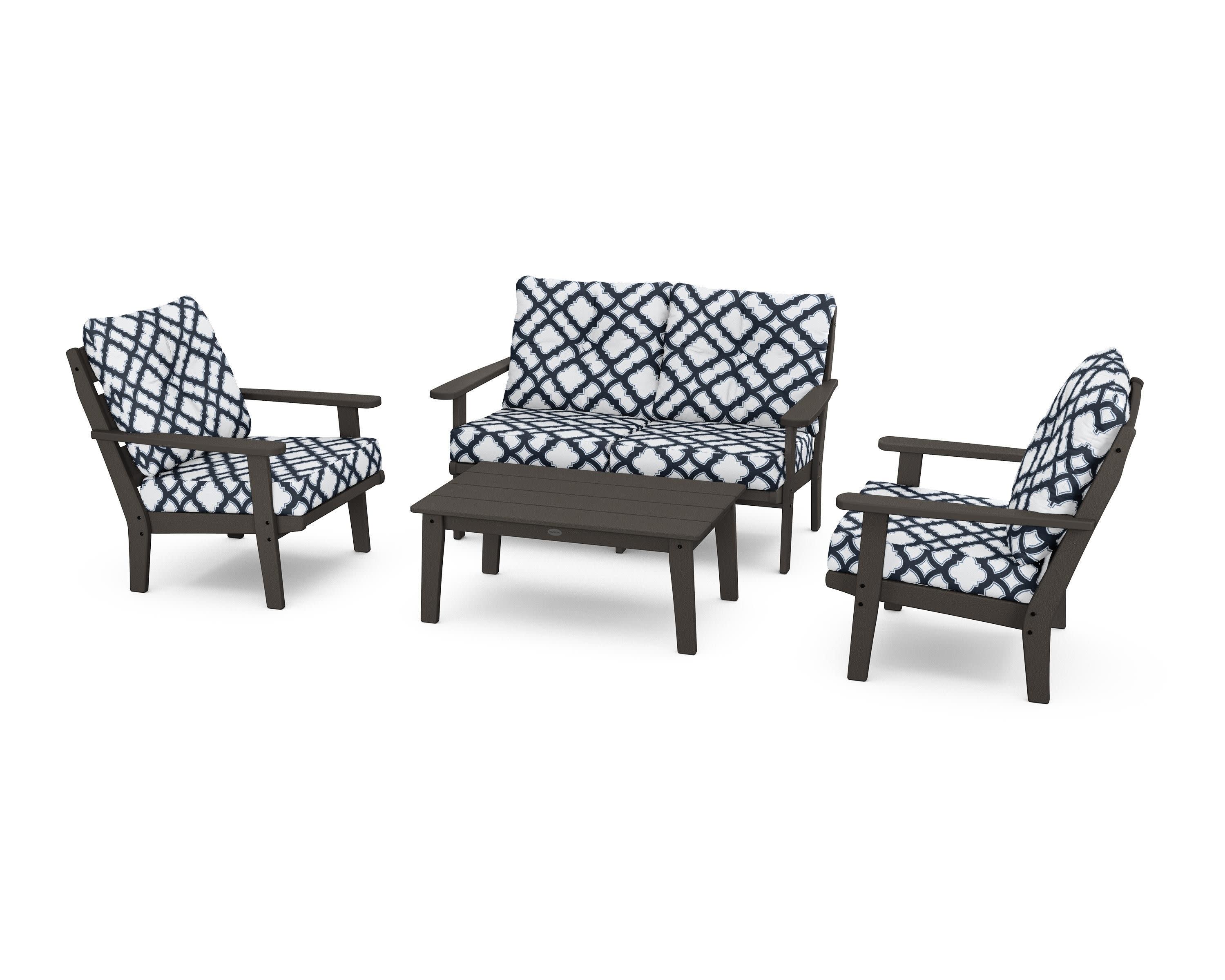 Lakeside 4-Piece Deep Seating Set in Vintage Coffee / Trellis Marine Indigo