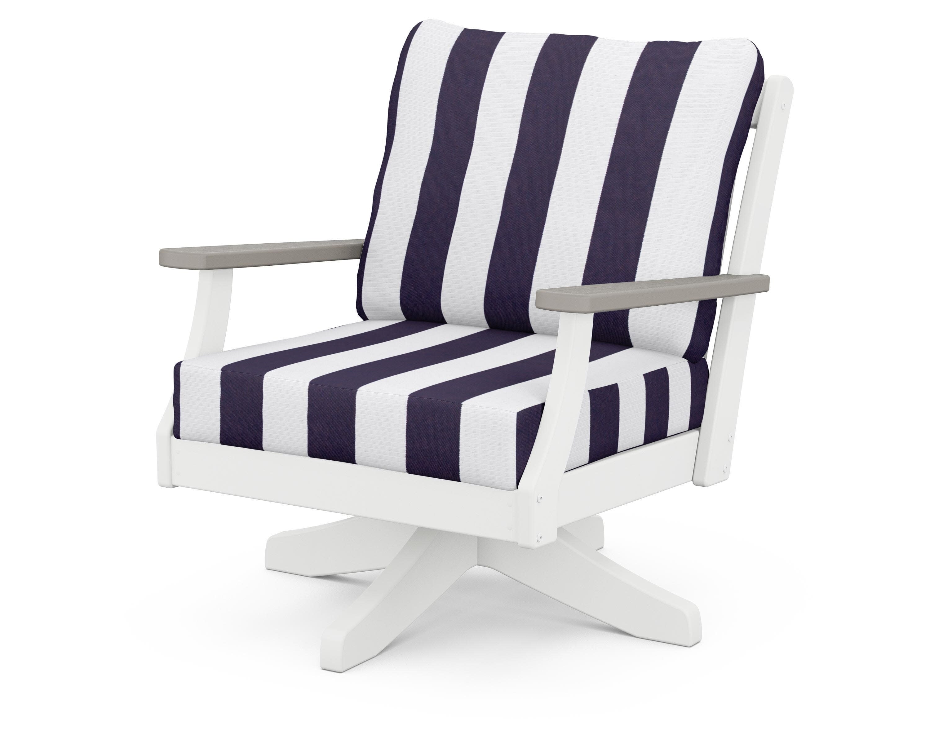 Braxton Deep Seating Swivel Chair in White / Driftwood / Cabana Stripe Navy
