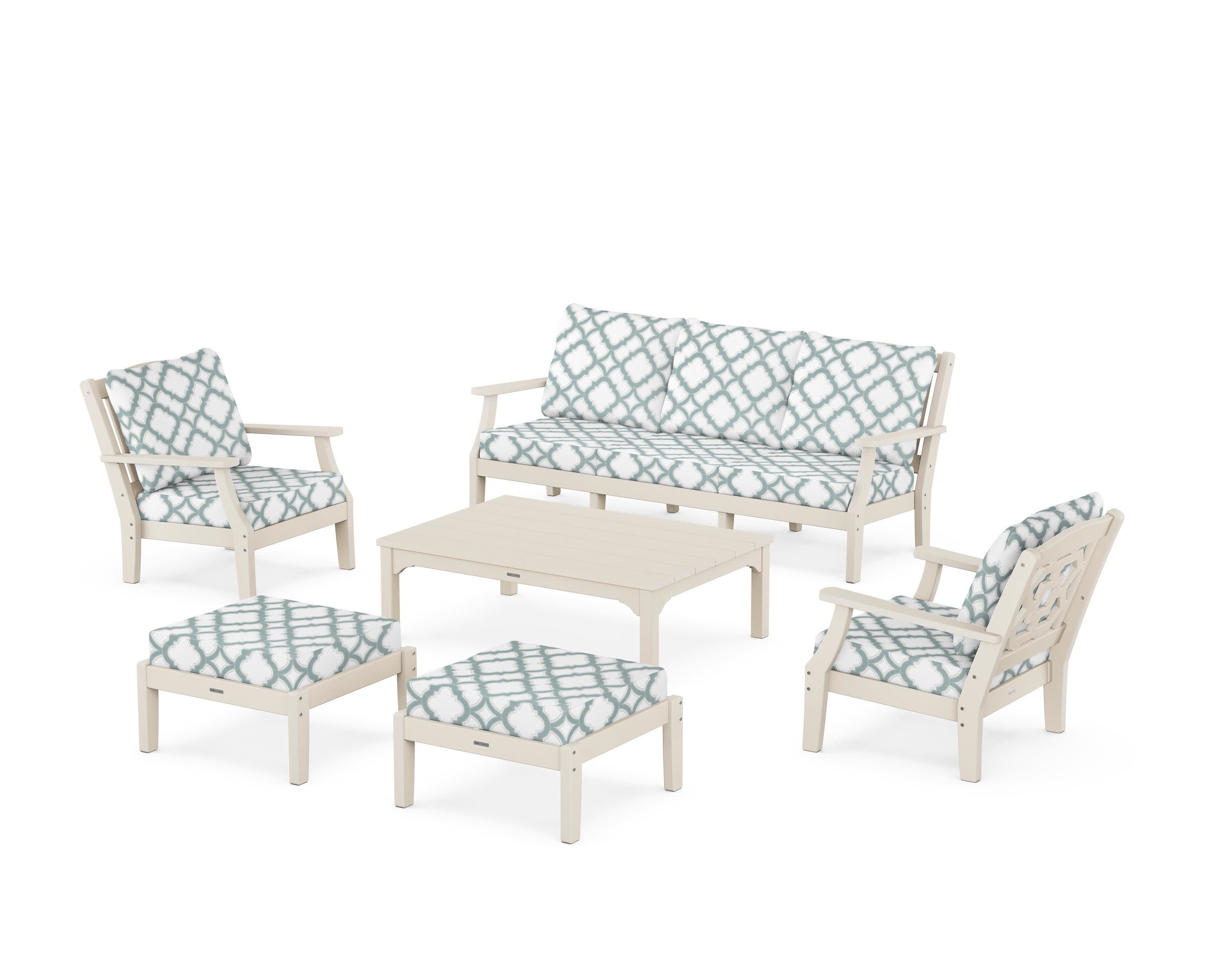 Chinoiserie 6-Piece Lounge Sofa Set in Sand / Trellis Glacier Spa