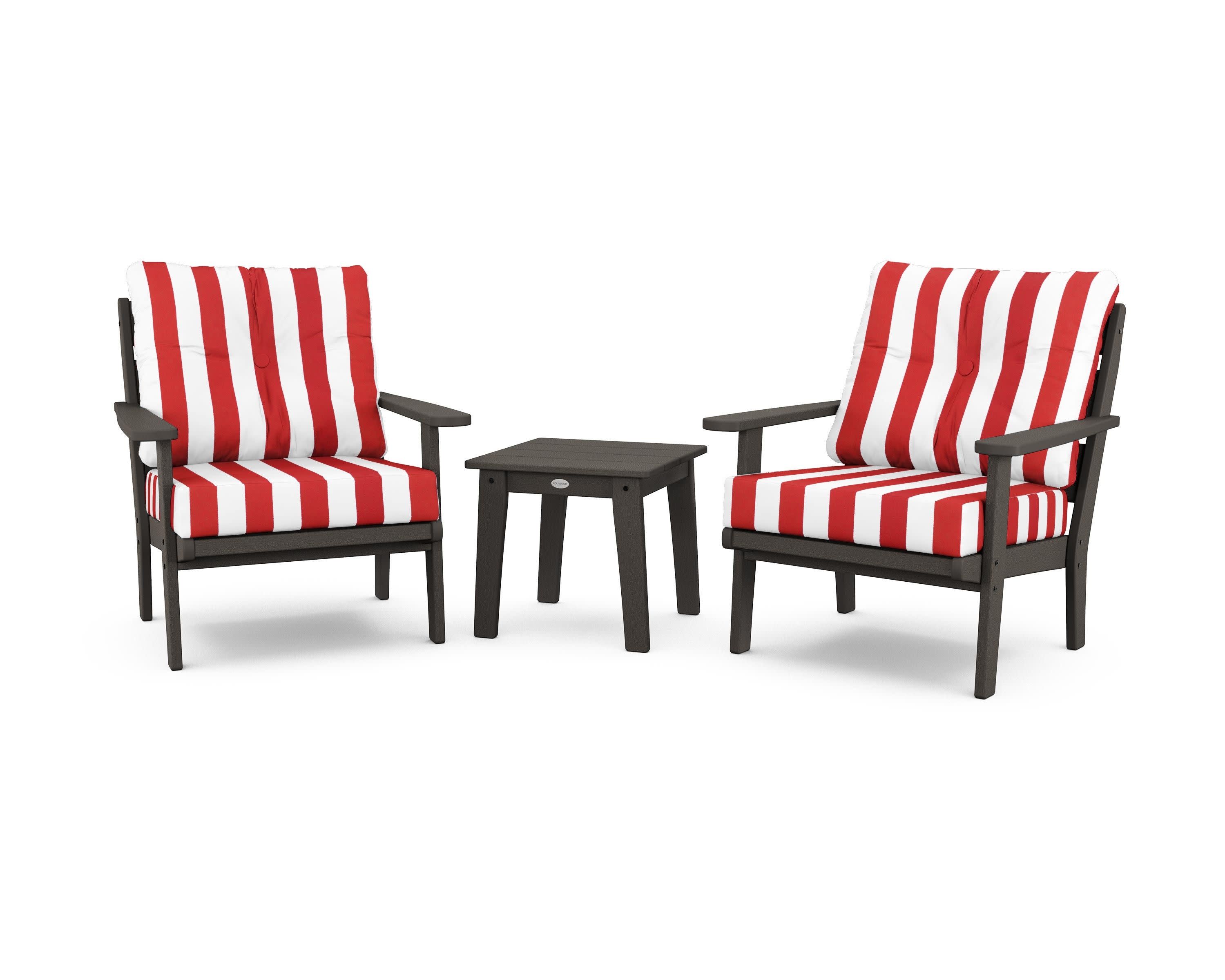 Lakeside 3-Piece Deep Seating Chair Set in Vintage Coffee / Cabana Stripe Crimson