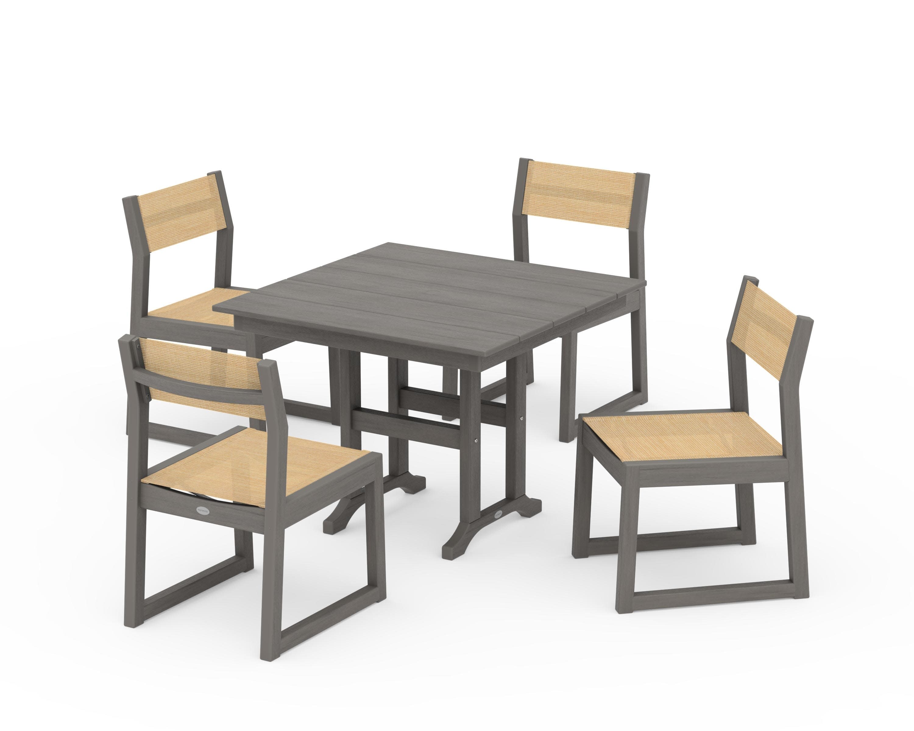 EDGE Sling Side Chair 5-Piece Farmhouse Dining Set in Driftwood / Dupioni Apricot Sling