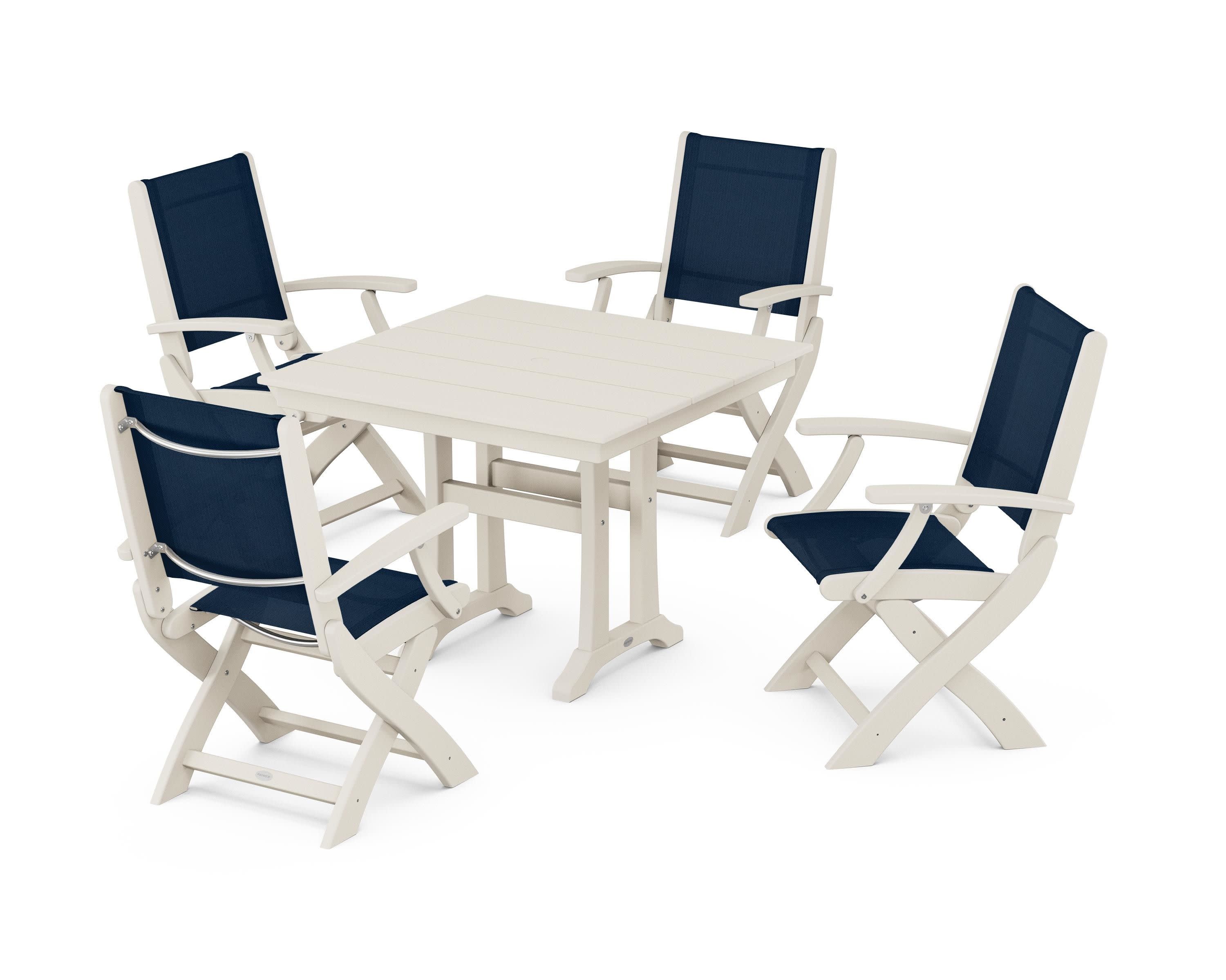 Coastal Folding Chair 5-Piece Farmhouse Dining Set With Trestle Legs in Sand / Navy Blue Sling