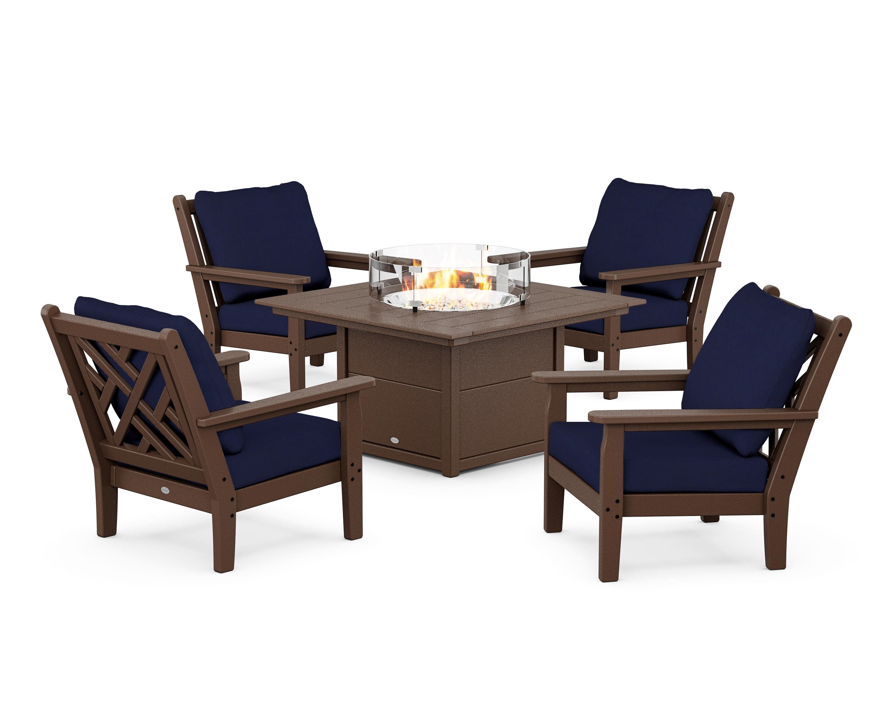 Chippendale 5-Piece Deep Seating Set with Fire Pit Table in Mahogany / Navy