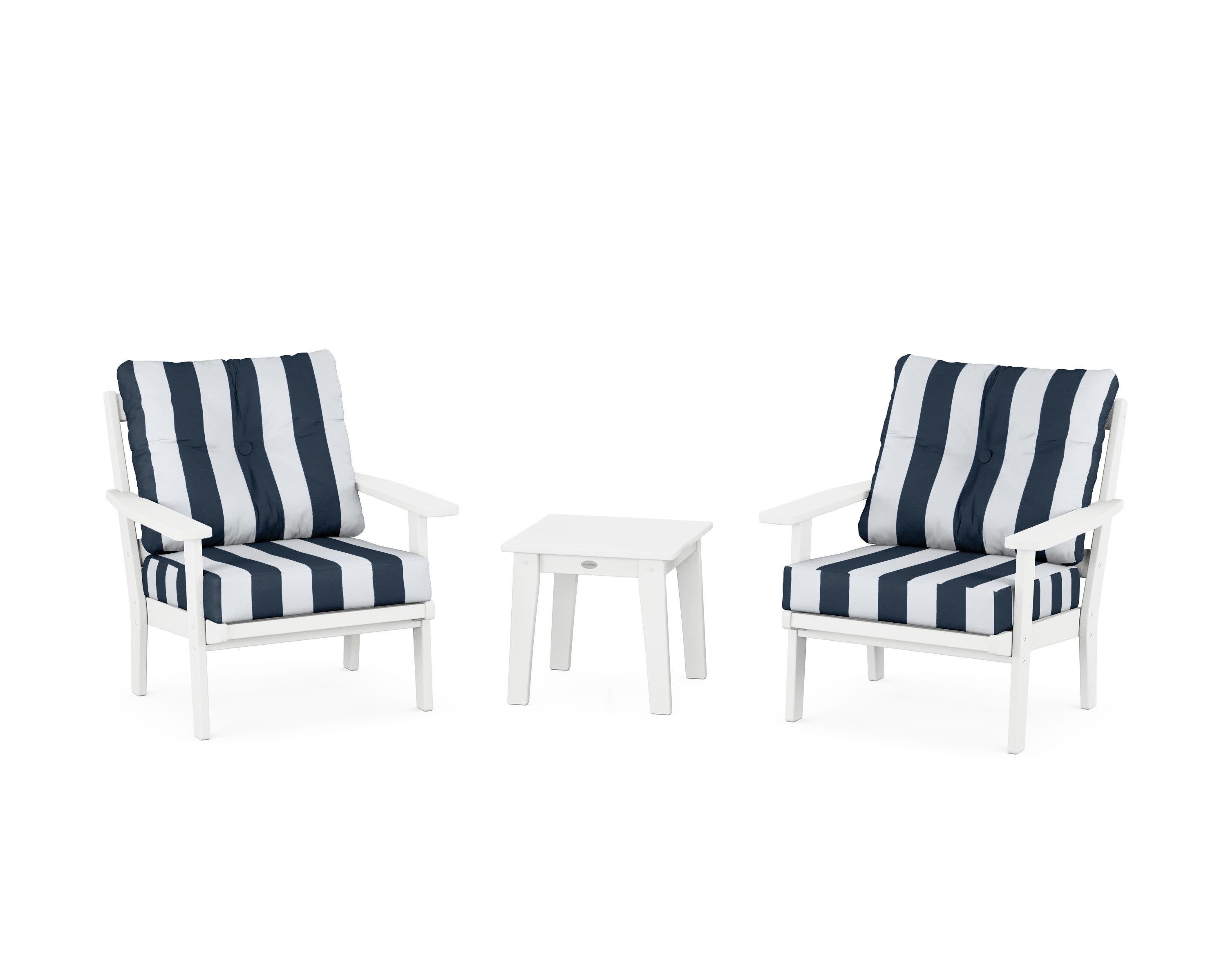 Oxford 3-Piece Deep Seating Set in White / Cabana Stripe Marine Indigo