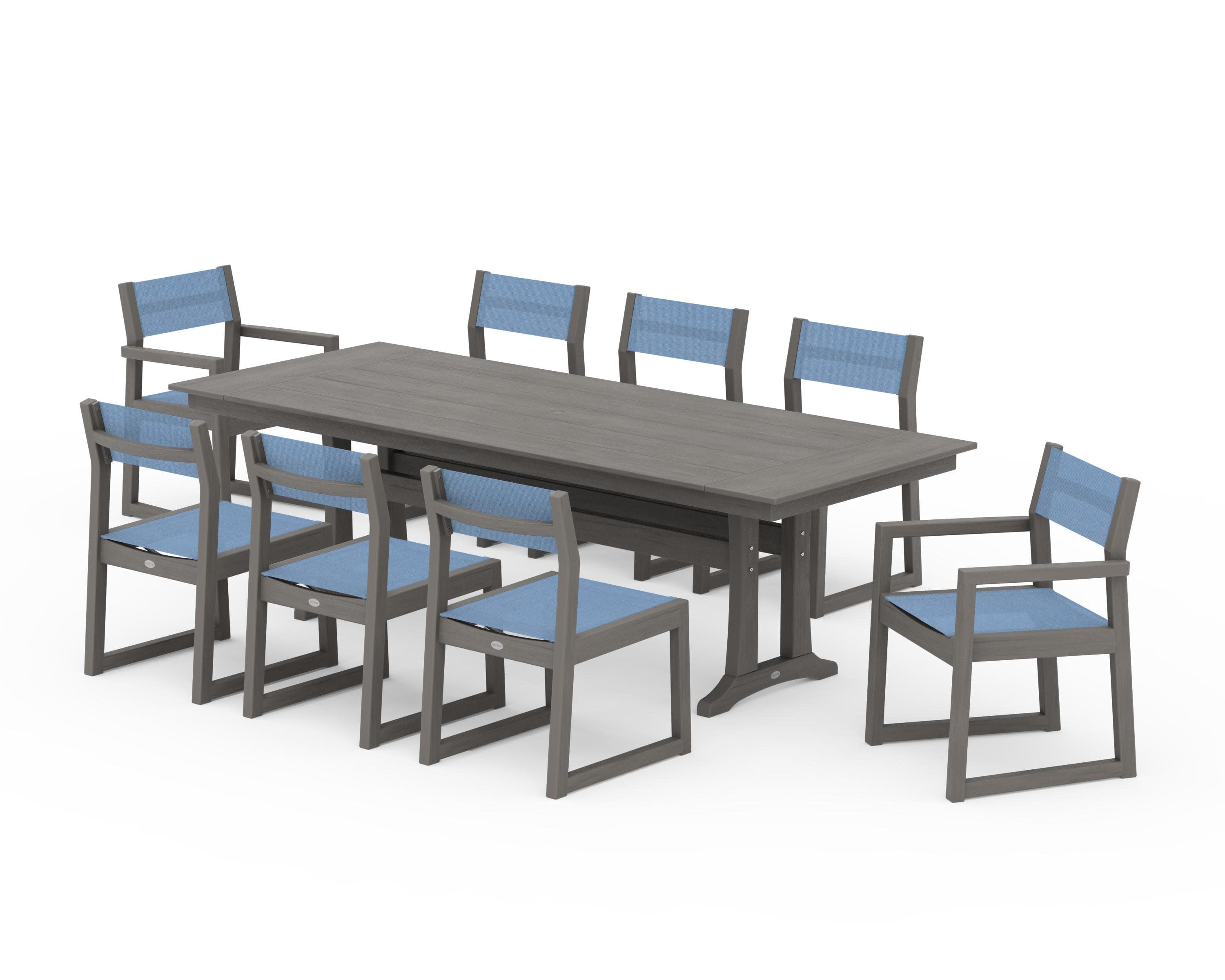EDGE Sling 9-Piece Farmhouse Trestle Dining Set in Driftwood / Poolside Sling