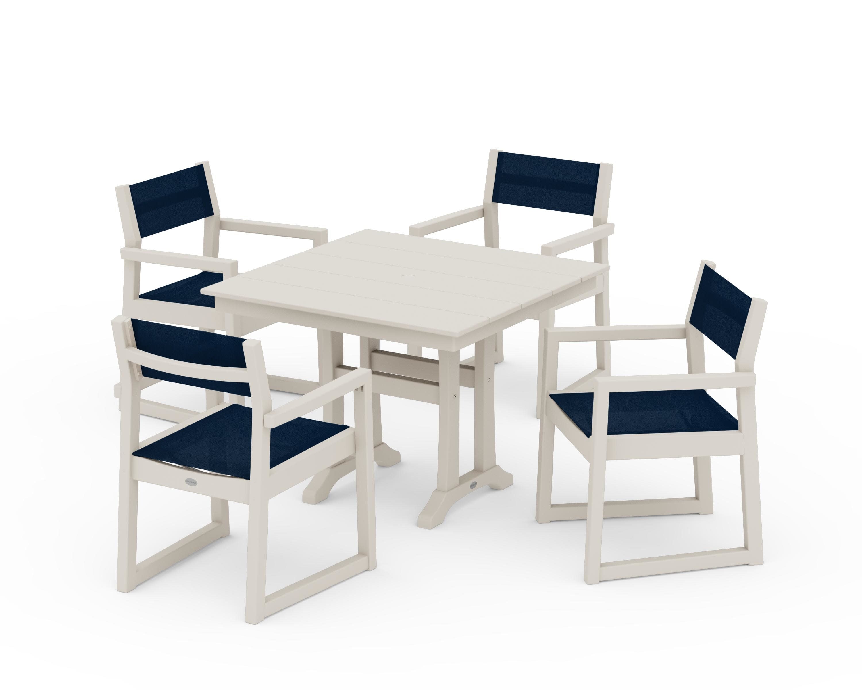 EDGE Sling 5-Piece Farmhouse Dining Set with Trestle Legs in Sand / Navy Blue Sling