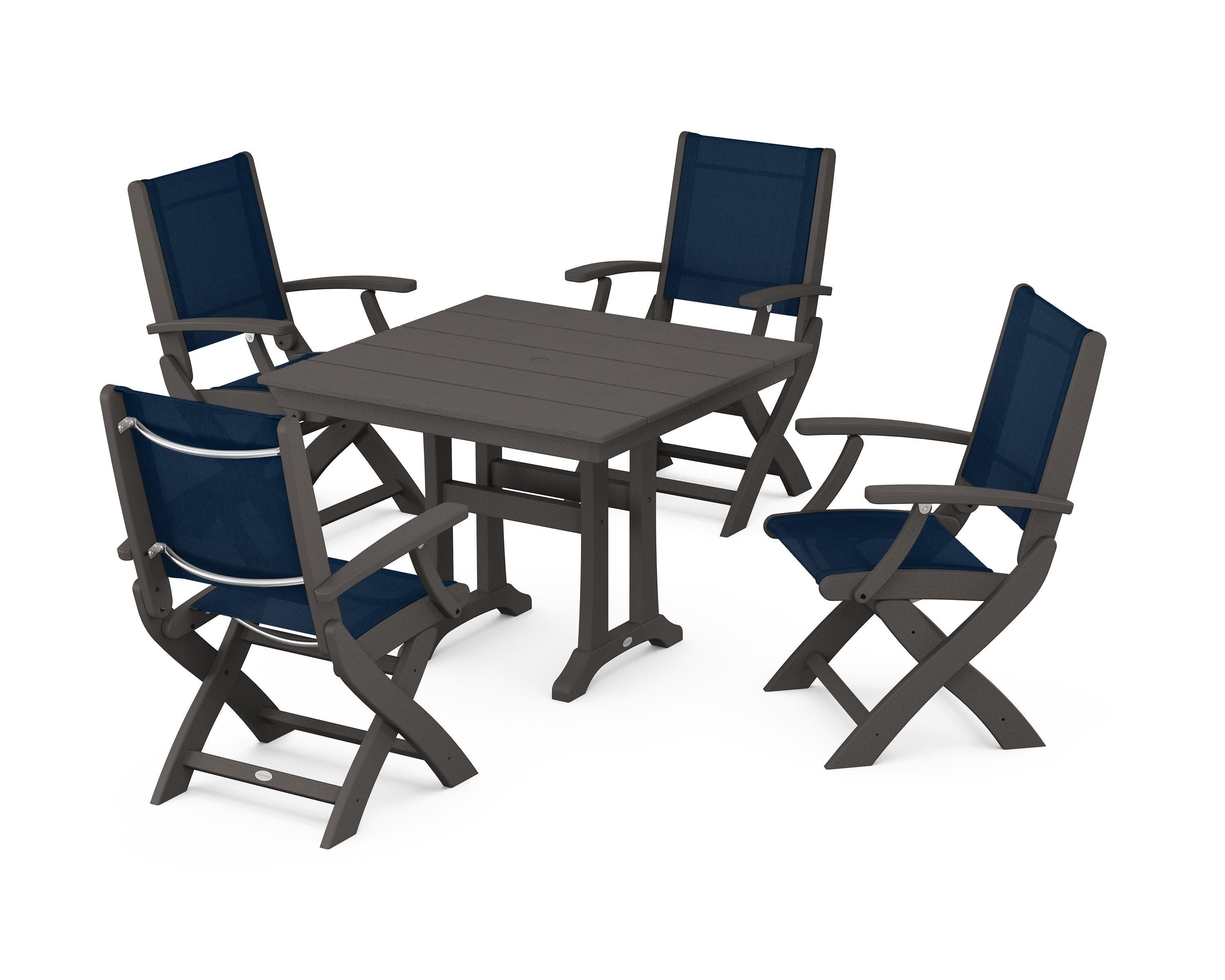 Coastal Folding Chair 5-Piece Farmhouse Dining Set With Trestle Legs in Vintage Coffee / Navy Blue Sling