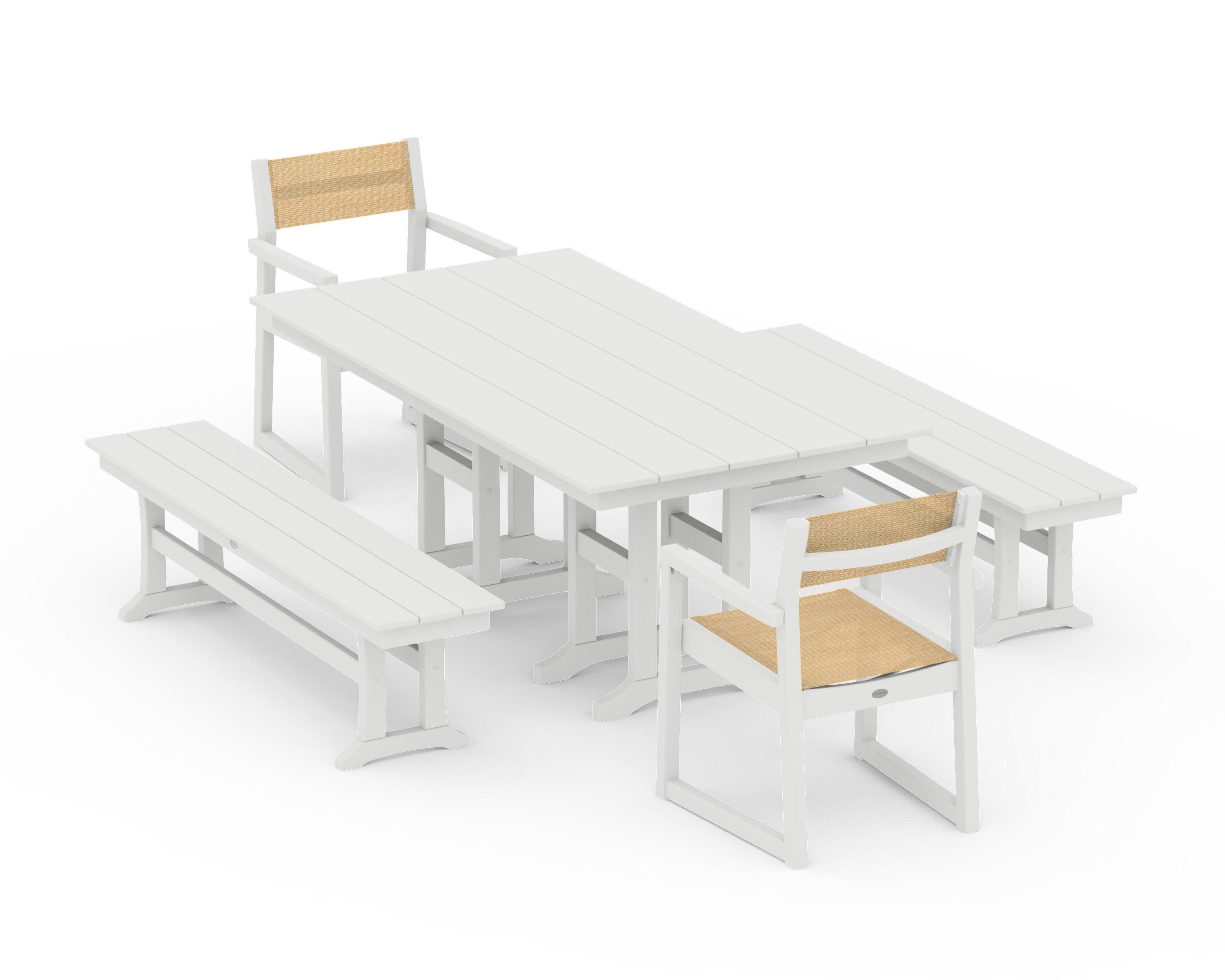 EDGE Sling Arm Chair 5-Piece Farmhouse Dining Set with Benches in Vintage White / Dupioni Apricot Sling