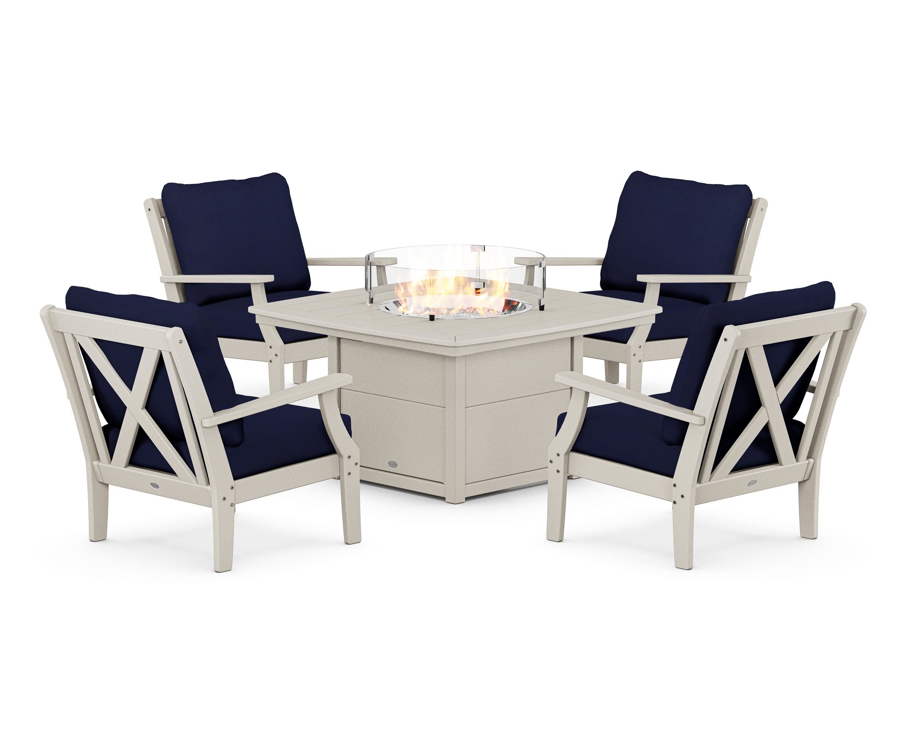 Braxton 5-Piece Deep Seating Conversation Set with Fire Pit Table in Sand / Navy