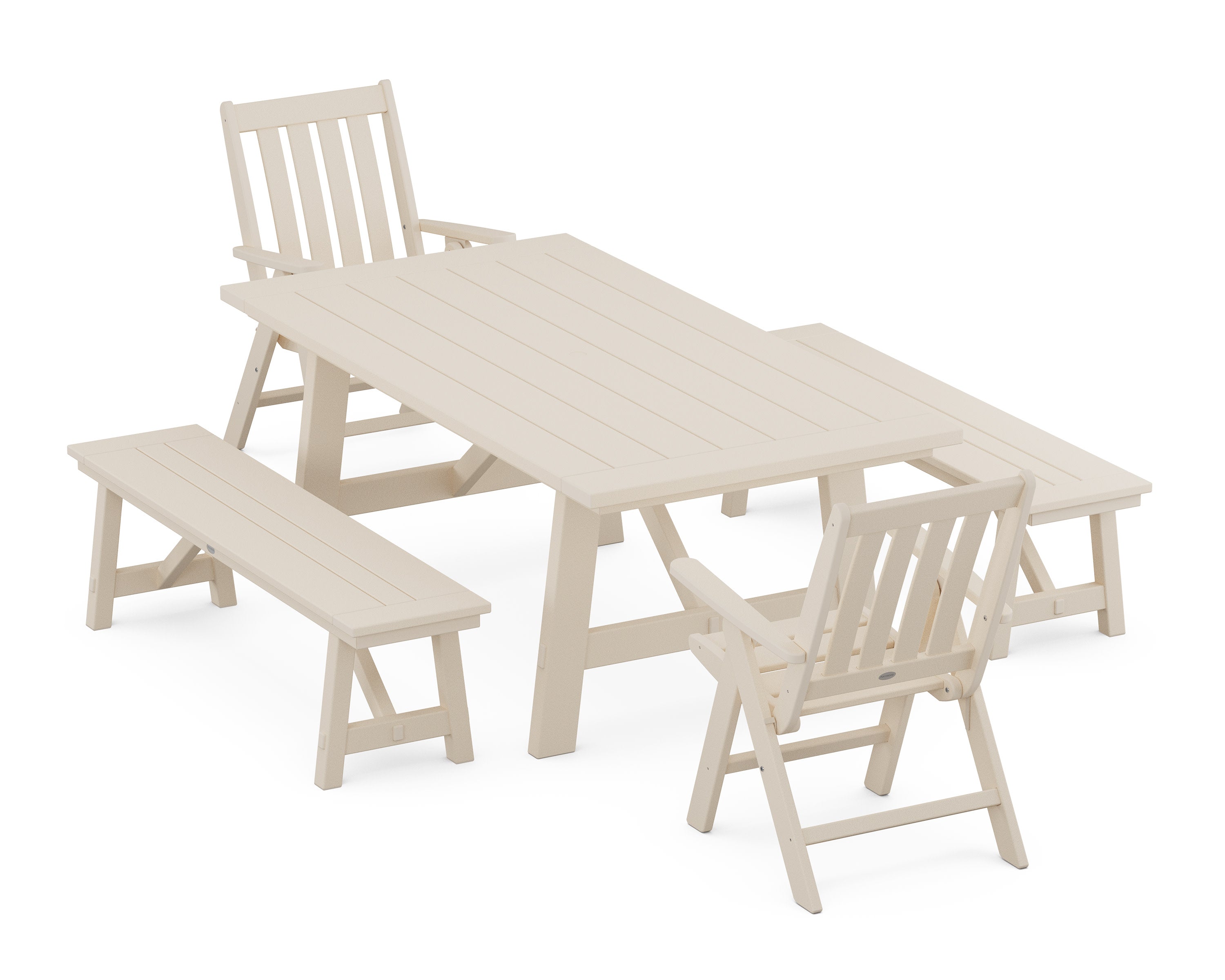 Vineyard Folding Chair 5-Piece Rustic Farmhouse Dining Set With Benches in Sand