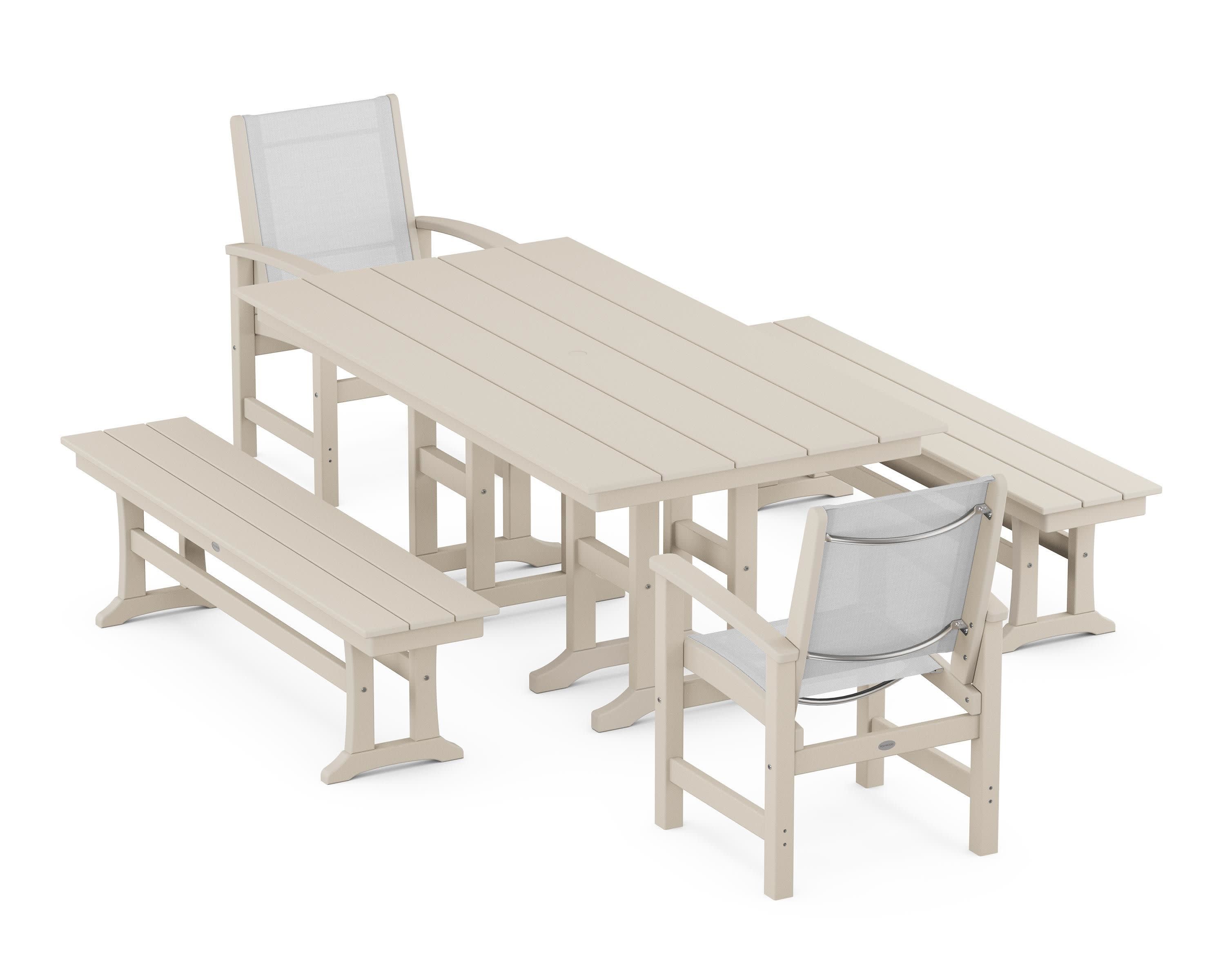 Coastal 5-Piece Farmhouse Dining Set in Sand / White Sling