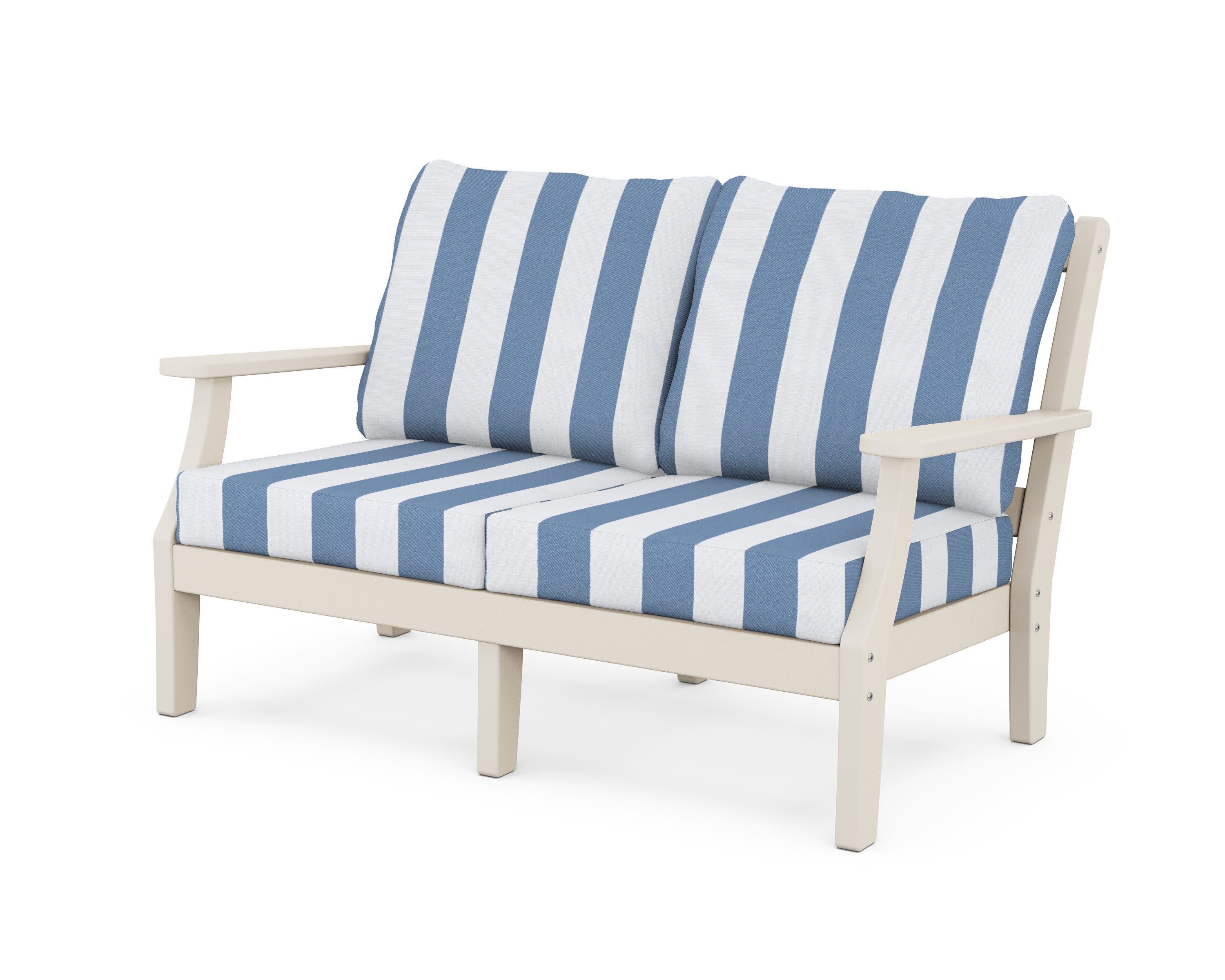 Chinoiserie Deep Seating Loveseat in Sand / Cabana Stripe Sky Blue
