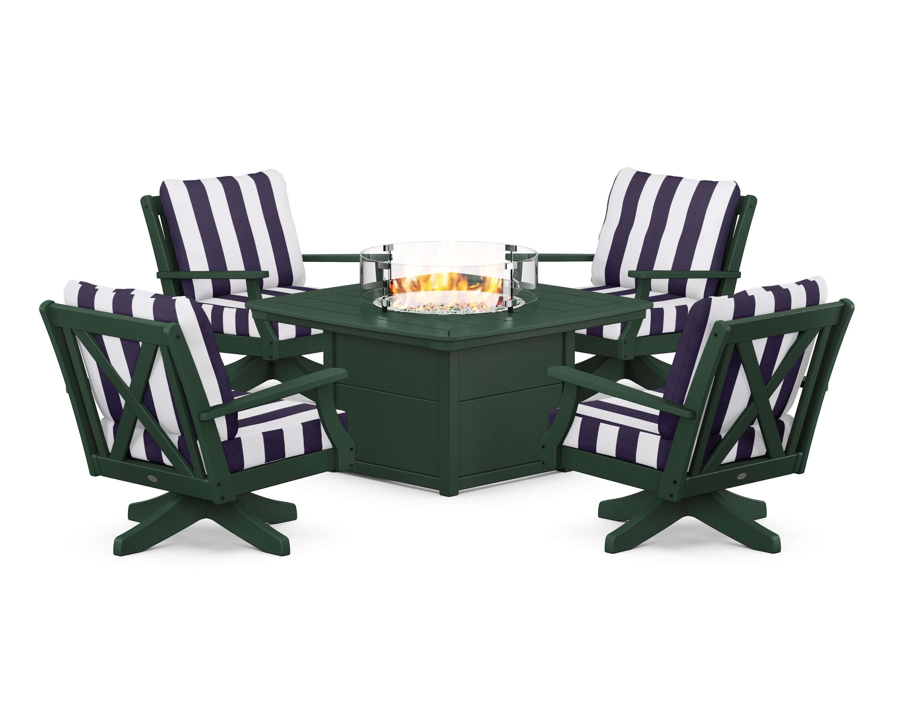 Braxton 5-Piece Deep Seating Swivel Conversation Set with Fire Pit Table in Green / Cabana Stripe Navy