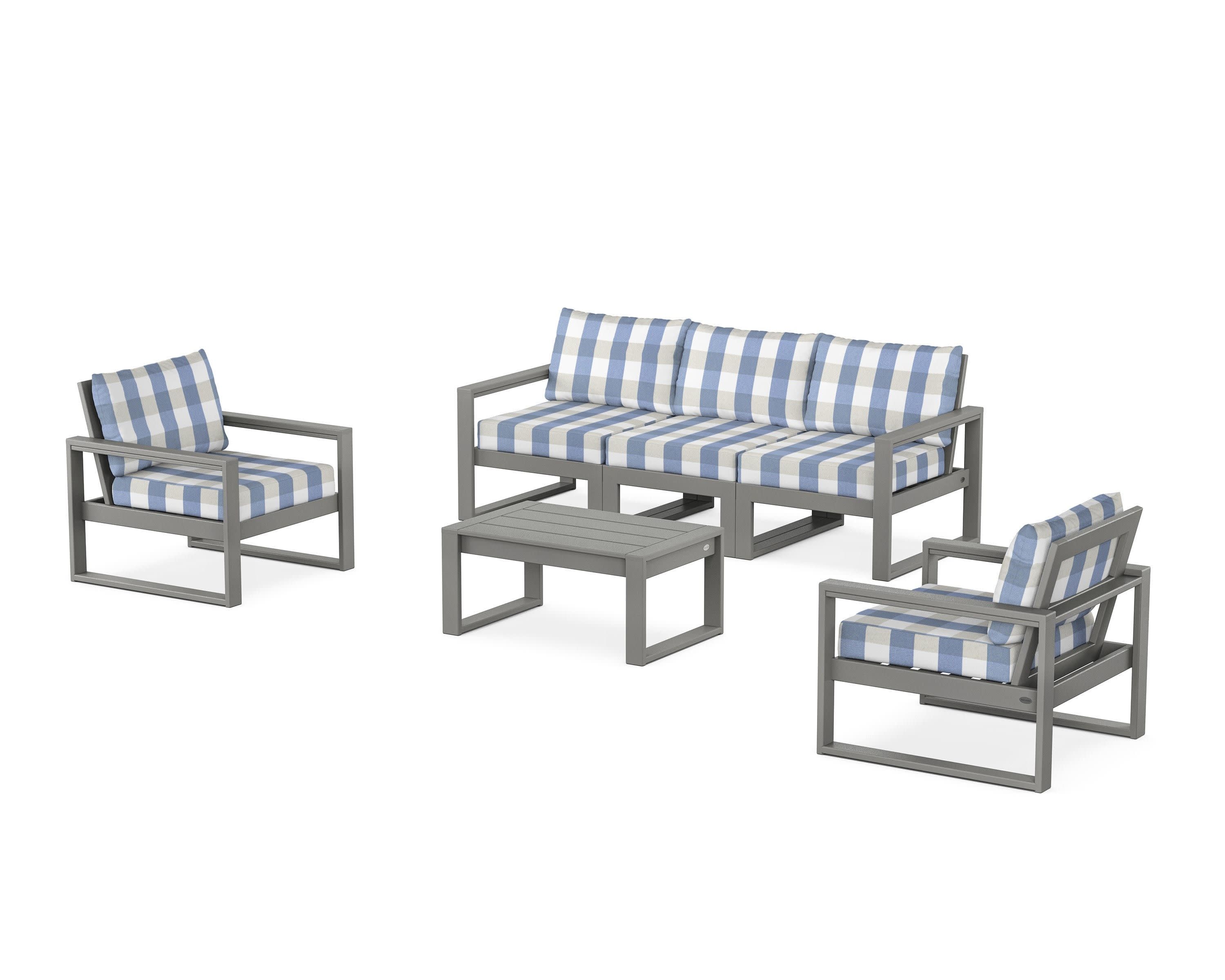 EDGE Sectional 4-Piece Deep Seating Set with Sofa in Slate Grey / Buffalo Plaid Sky Blue