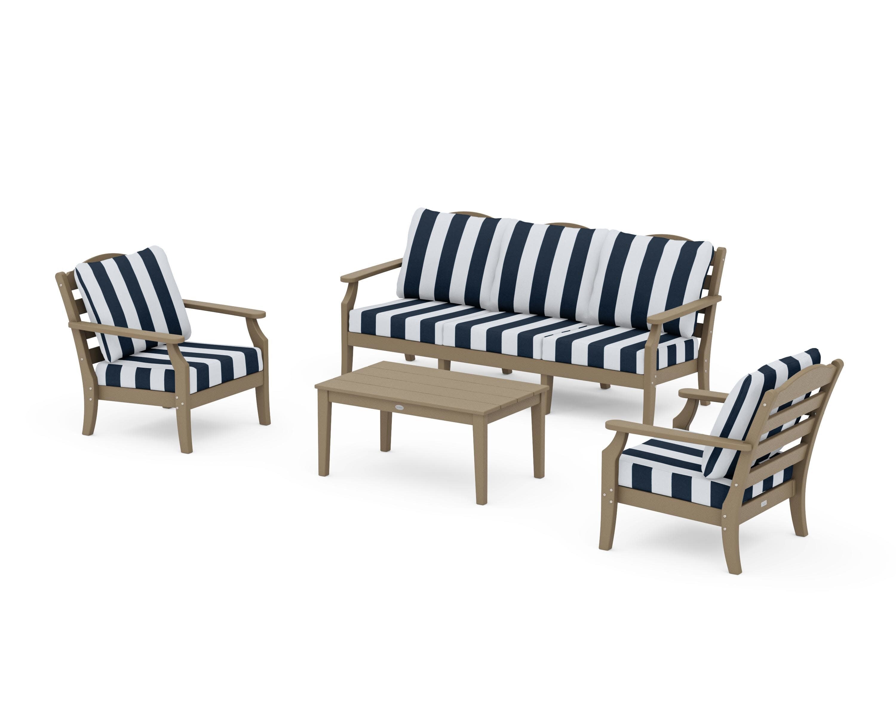 Savannah 4-Piece Deep Seating Set with Sofa in Vintage Sahara / Cabana Stripe Marine Indigo