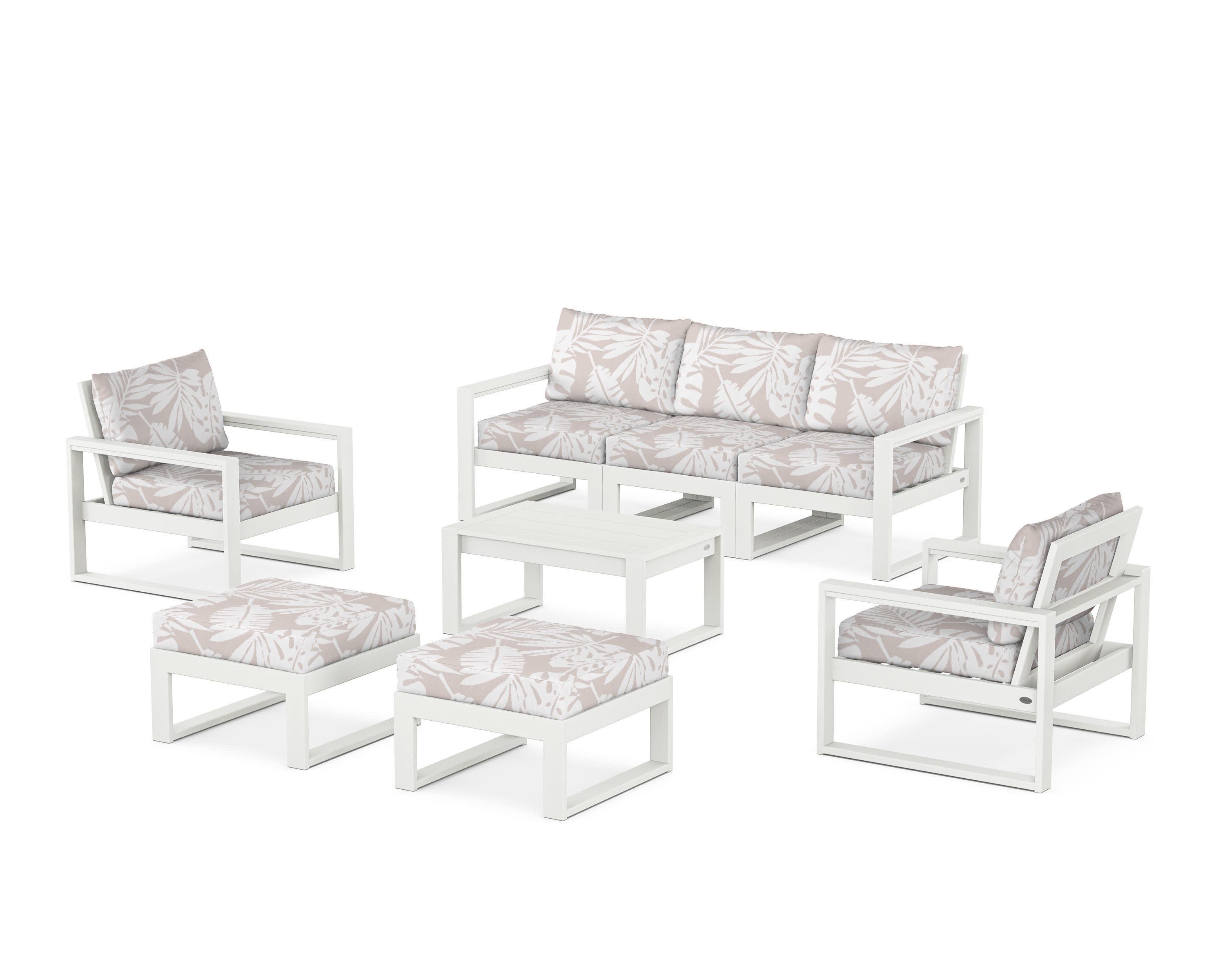 EDGE Sectional 8-Piece Lounge Sofa Set in Vintage White / Leaf Dune Burlap