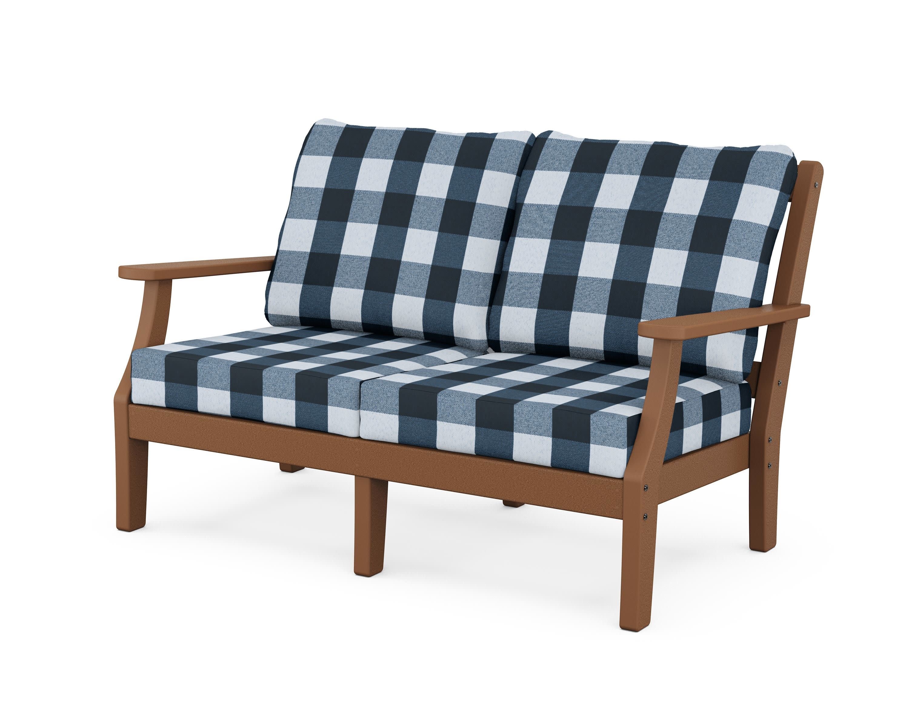 Chinoiserie Deep Seating Loveseat in Teak / Buffalo Plaid Marine Indigo