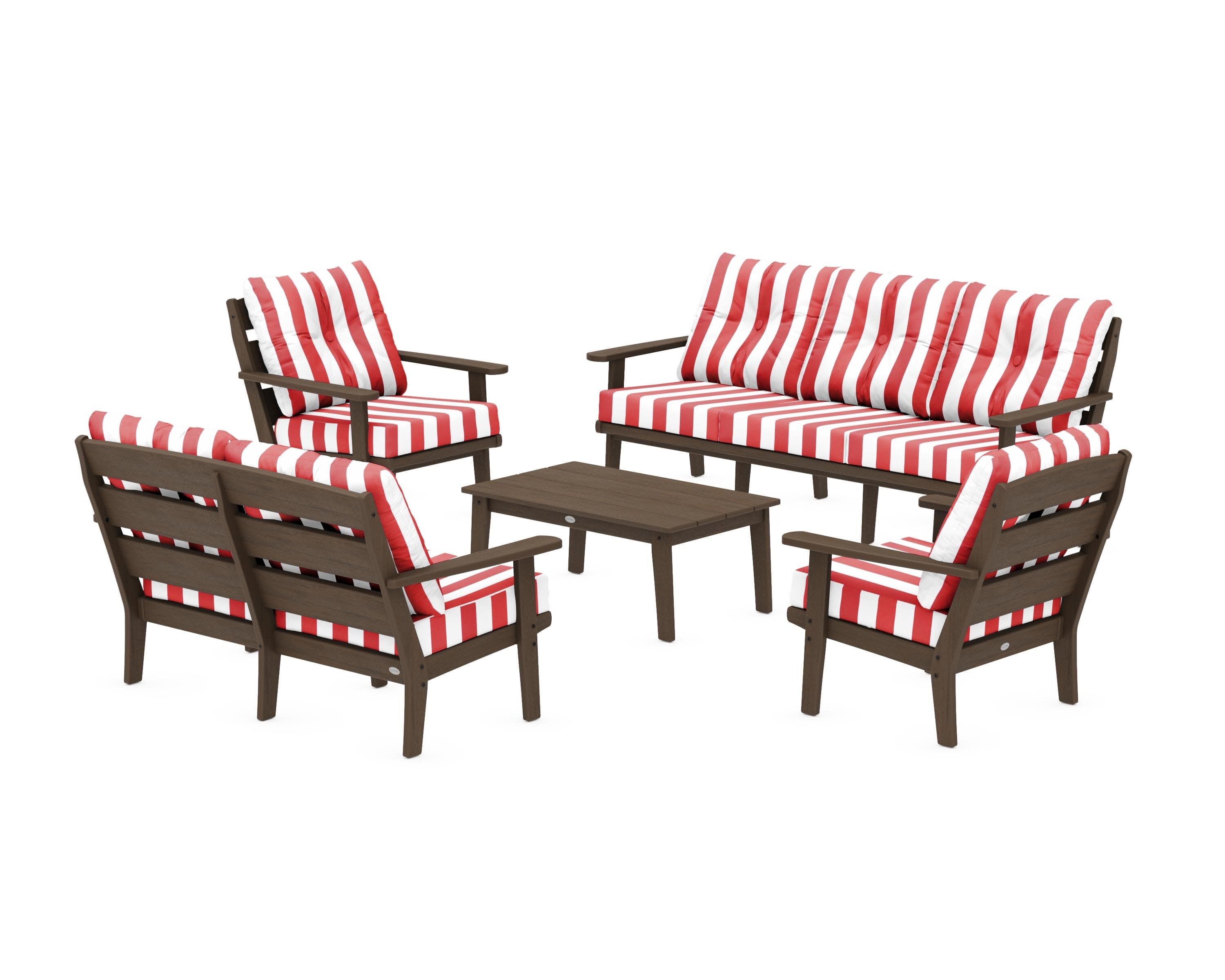 Lakeside 5-Piece Lounge Sofa Set in Kona / Cabana Stripe Crimson