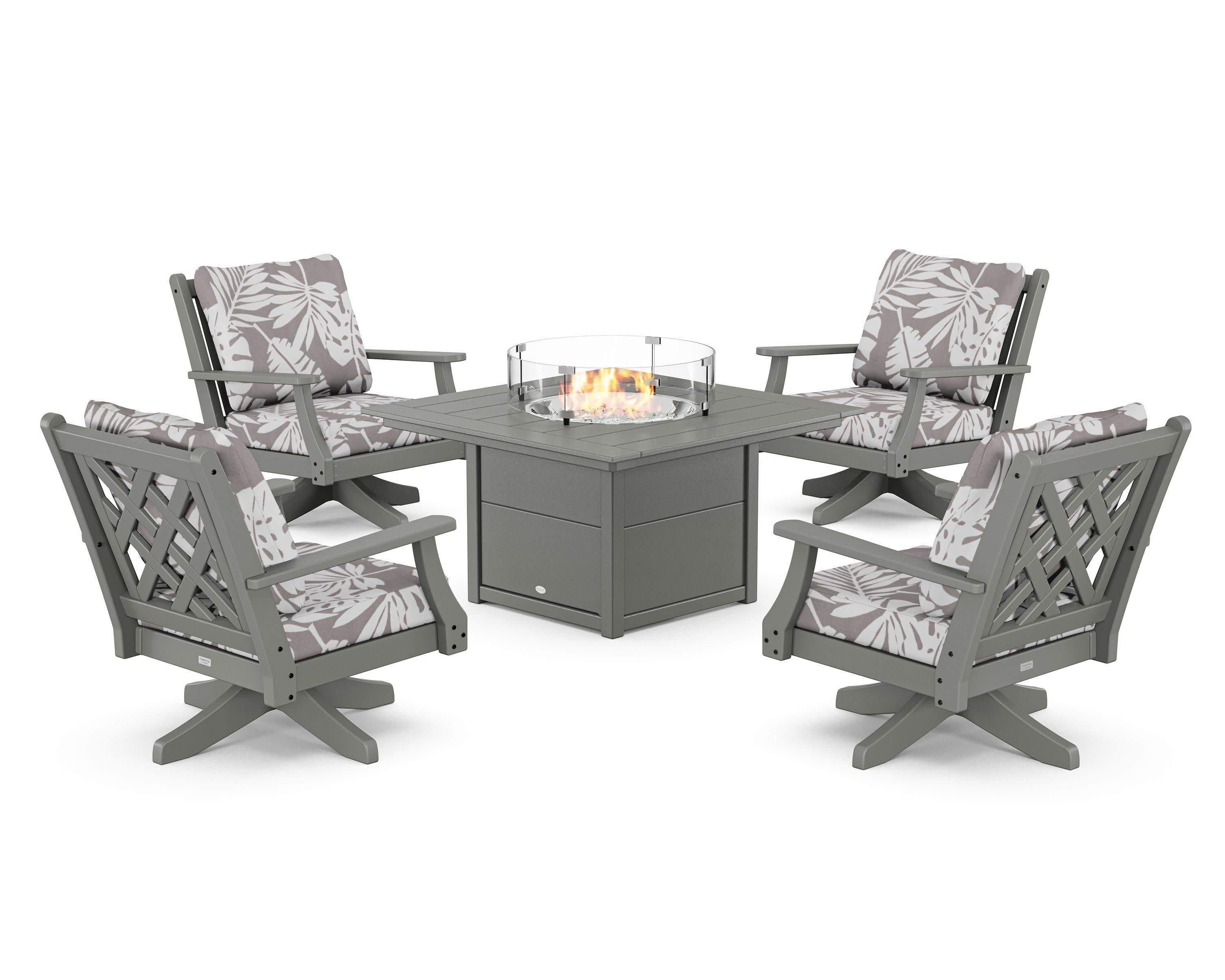 Wovendale 5-Piece Deep Seating Swivel Conversation Set with Fire Pit Table in Slate Grey / Leaf Grey Mist