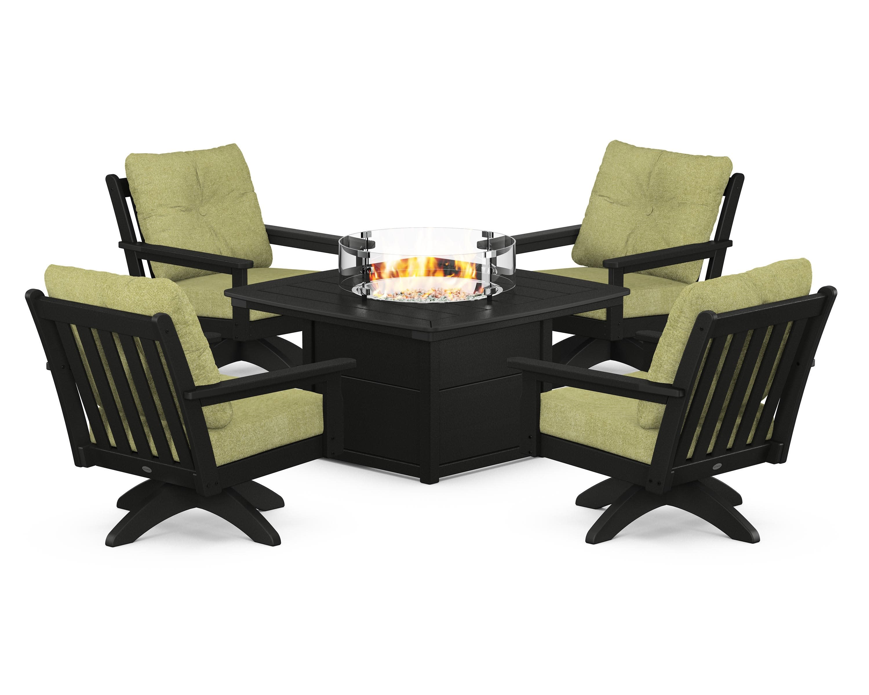 Vineyard 5-Piece Deep Seating Swivel Conversation Set with Fire Pit Table in Black / Chartreuse Boucle