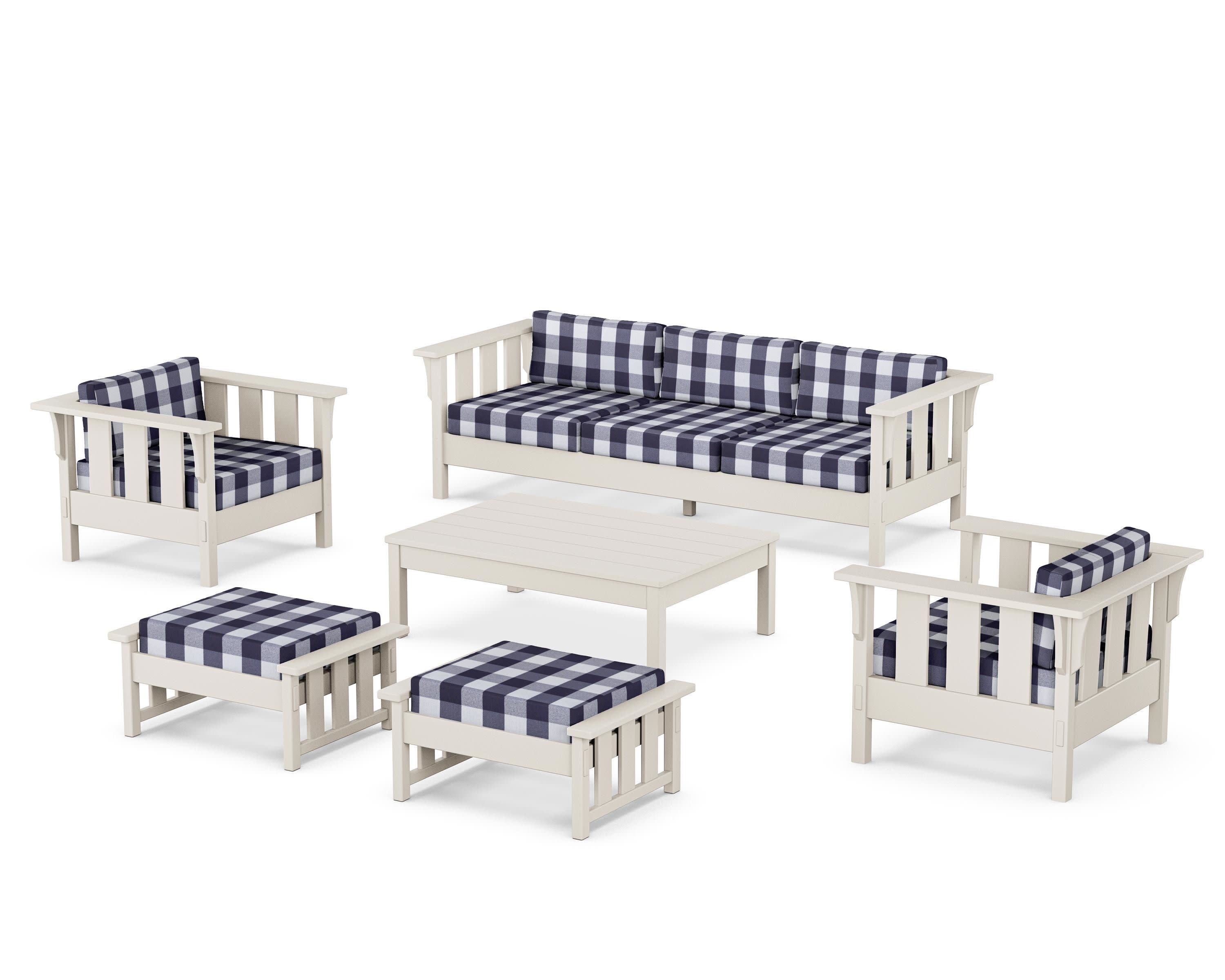 Acadia 6-Piece Lounge Sofa Set in Sand / Buffalo Plaid Navy