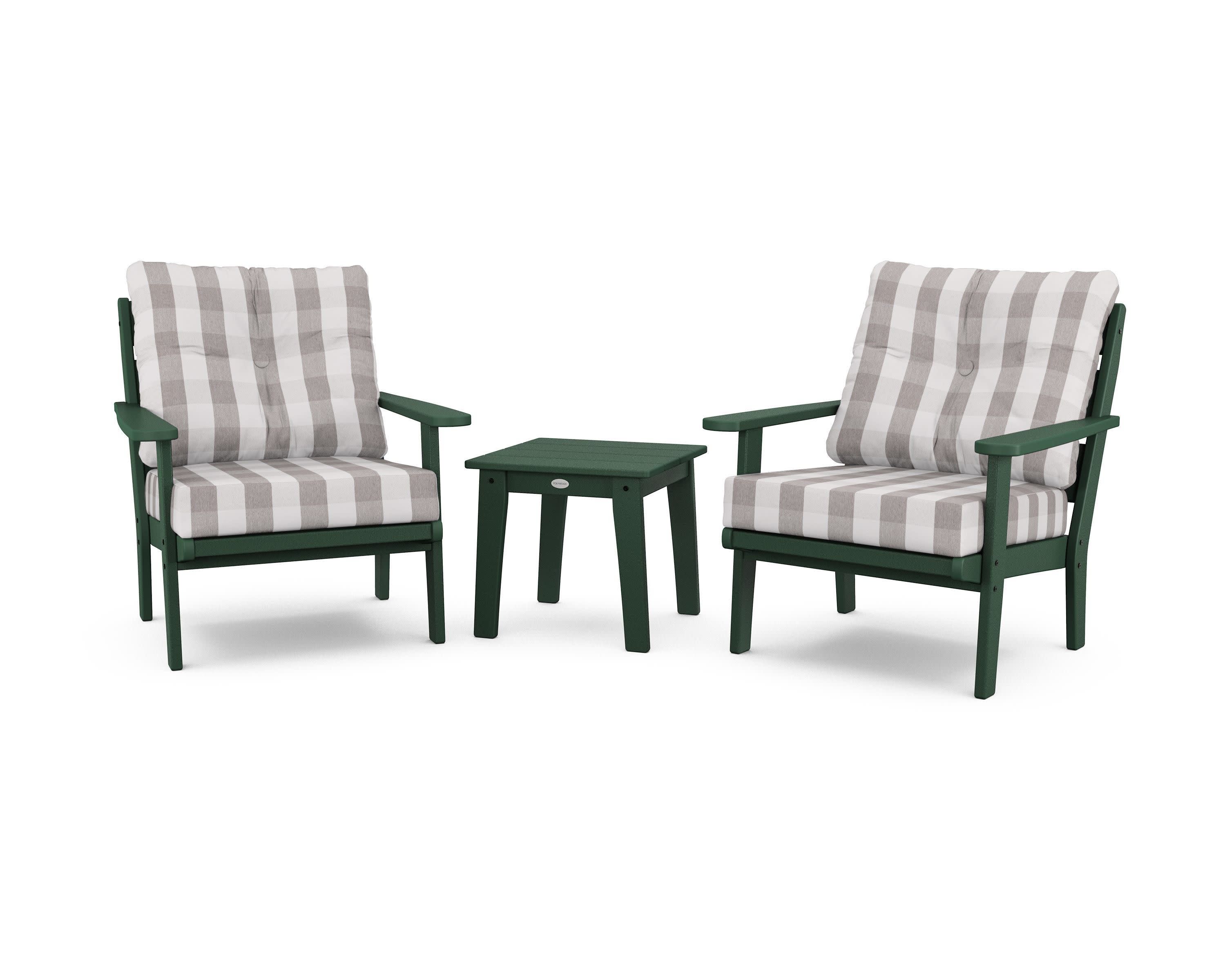 Lakeside 3-Piece Deep Seating Chair Set in Green / Buffalo Plaid Grey Mist