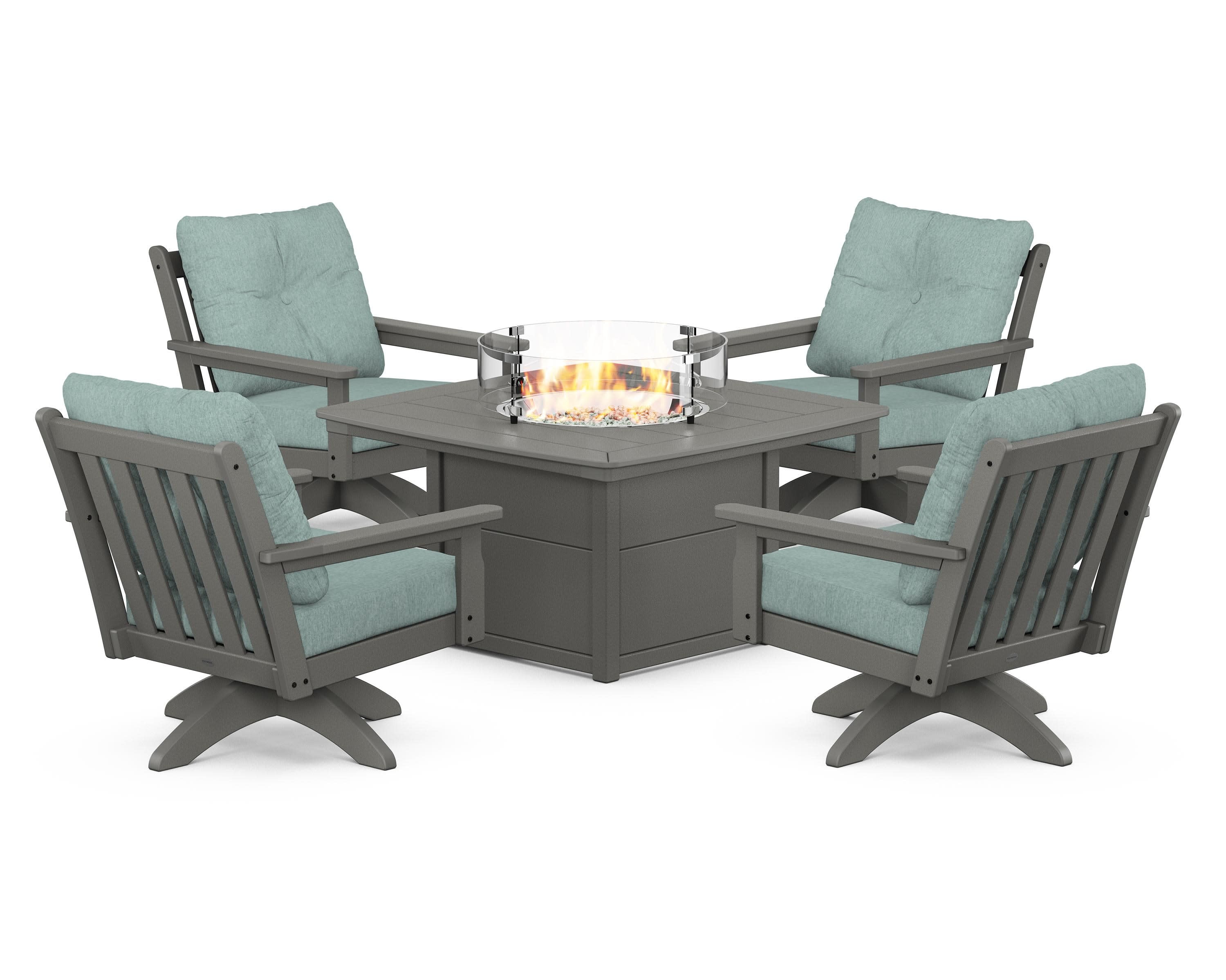 Vineyard 5-Piece Deep Seating Swivel Conversation Set with Fire Pit Table in Slate Grey / Glacier Spa