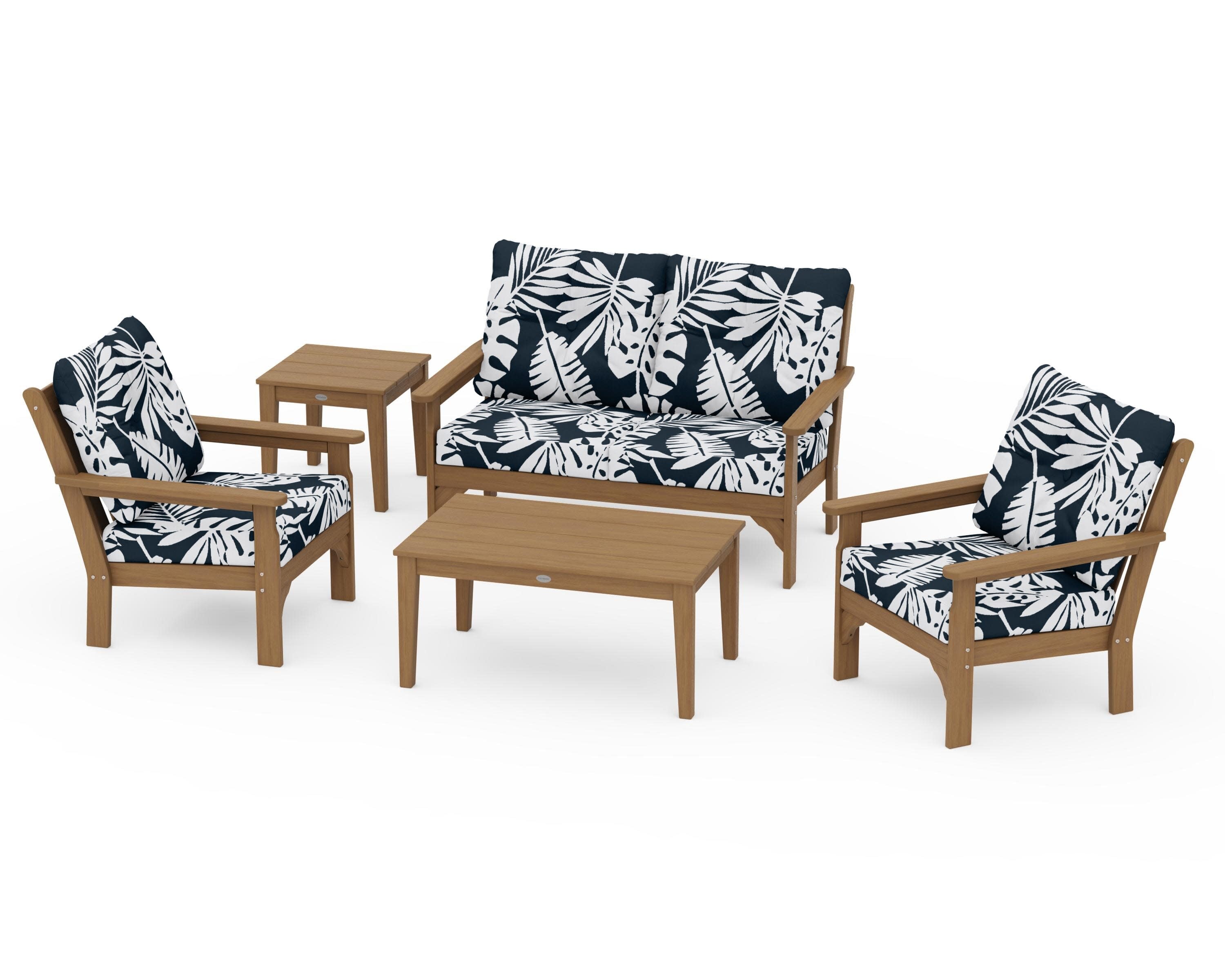 Vineyard 5-Piece Deep Seating Set in Natural / Leaf Marine Indigo