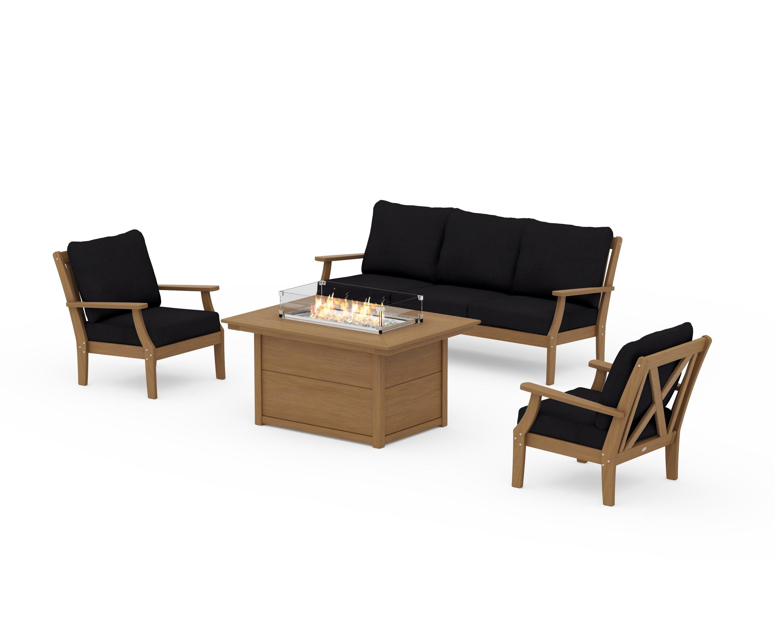 Braxton Deep Seating Fire Pit Table Set in Natural / Midnight Linen