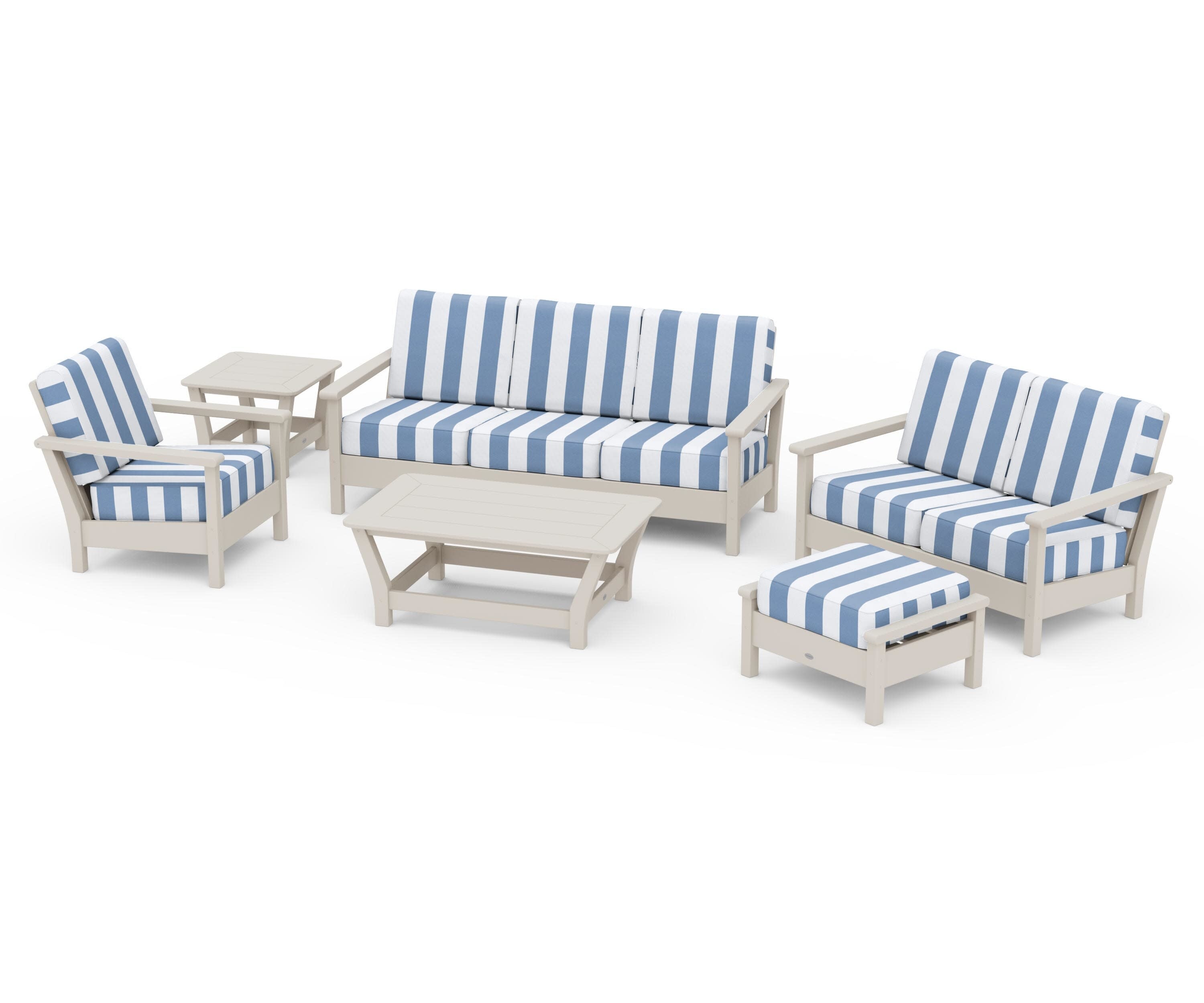 Harbour 6-Piece Outdoor Living Set in Sand / Cabana Stripe Sky Blue