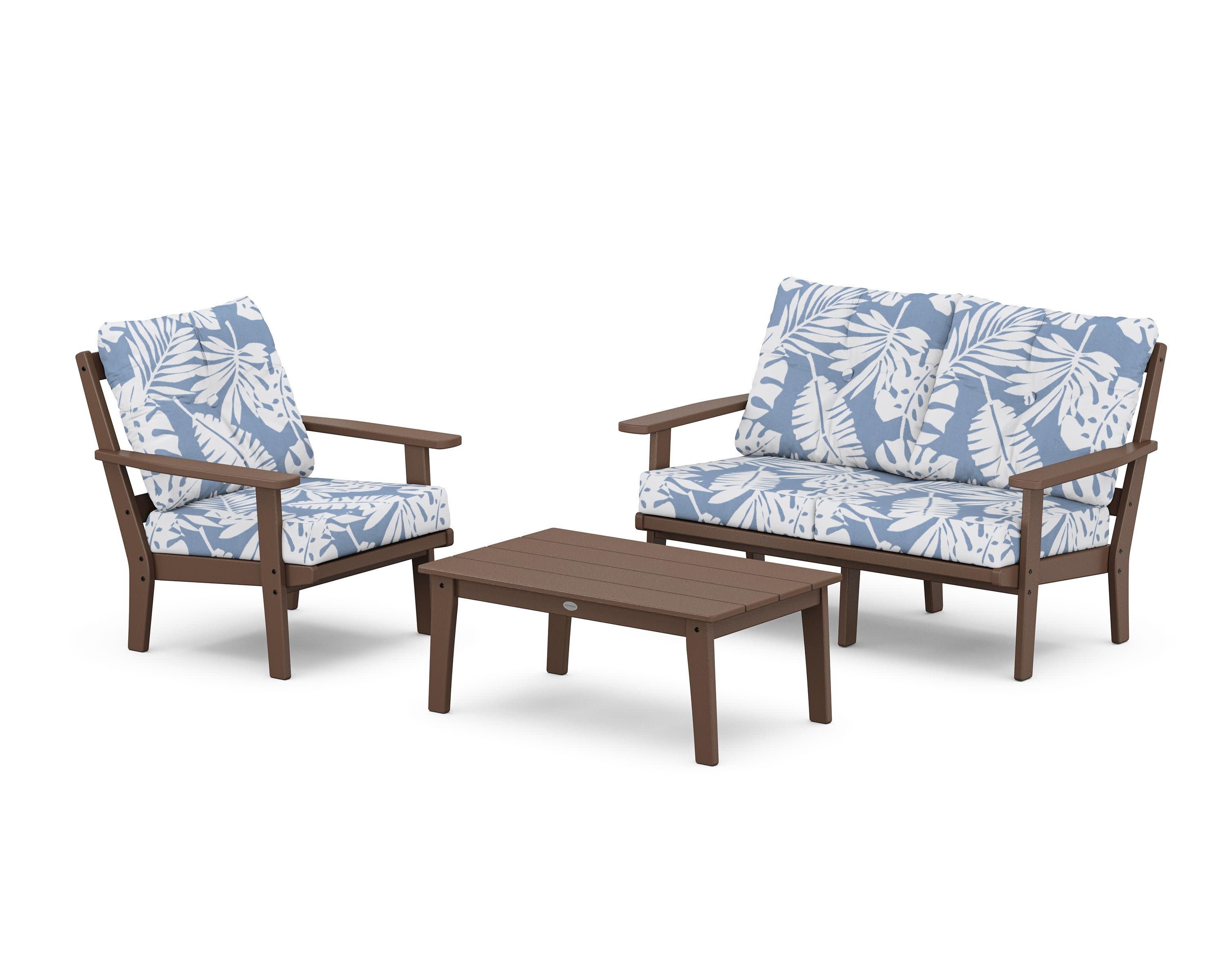 Oxford 3-Piece Deep Seating Set with Loveseat in Mahogany / Leaf Sky Blue