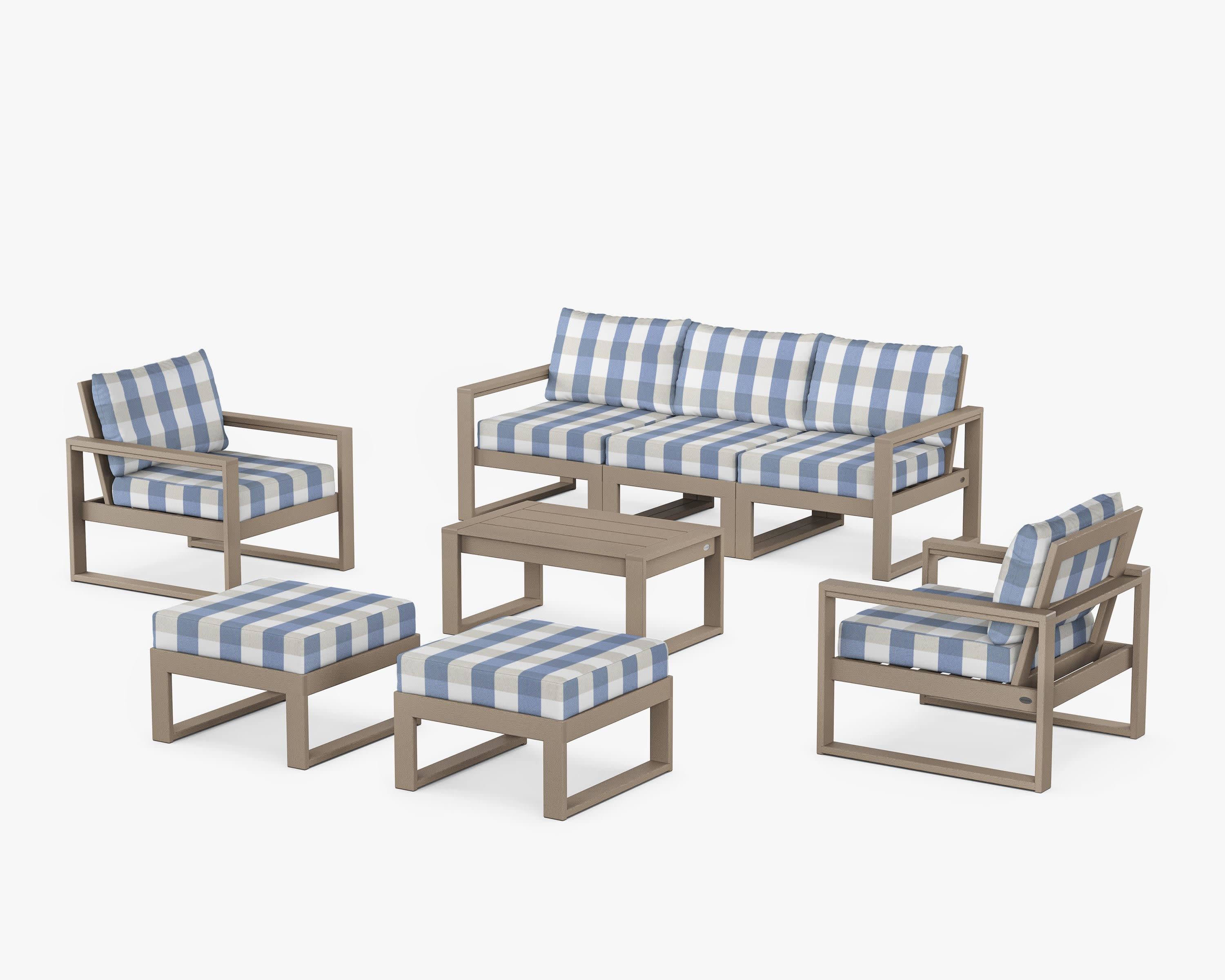 EDGE Sectional 8-Piece Lounge Sofa Set in Vintage Sahara / Buffalo Plaid Sky Blue