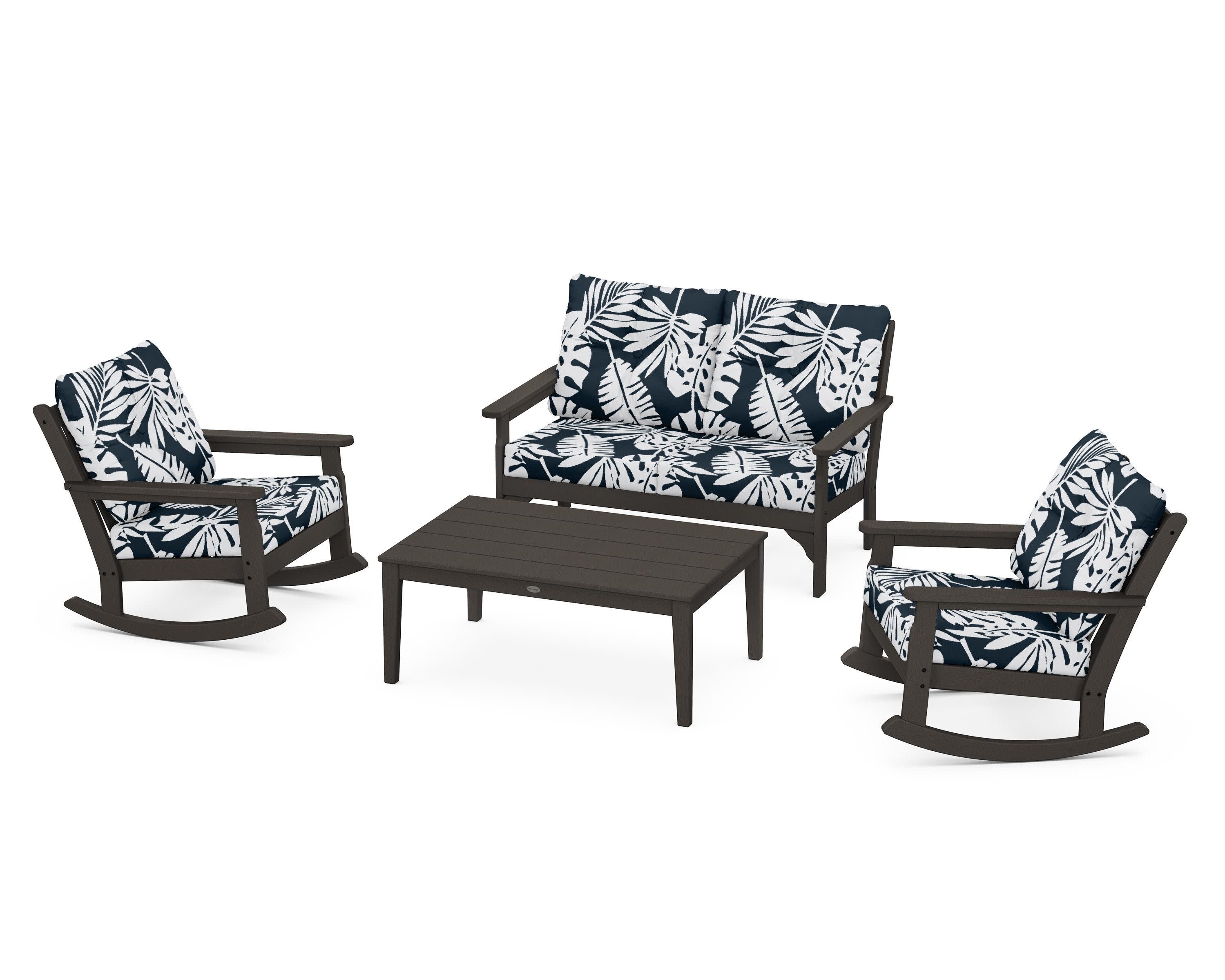 Vineyard 4-Piece Deep Seating Rocking Chair Set in Vintage Coffee / Leaf Marine Indigo