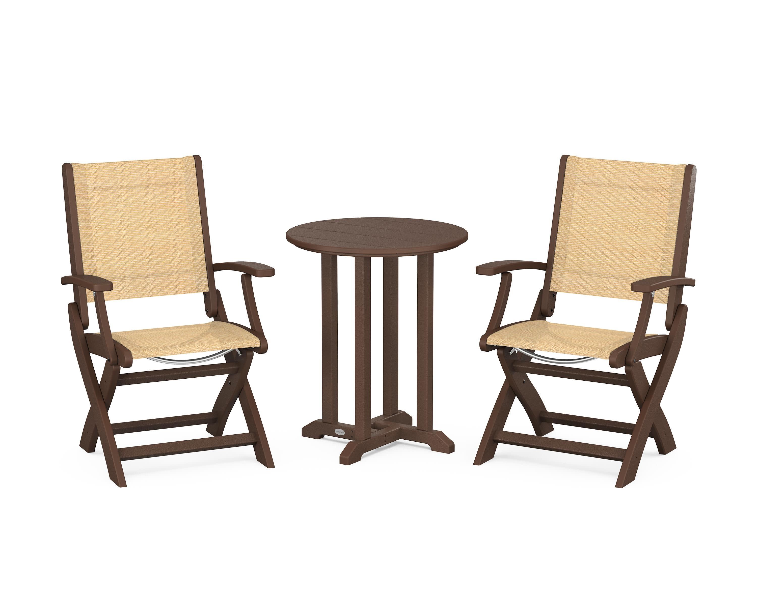 Coastal Folding 3-Piece Round Bistro Dining Set in Mahogany / Dupioni Apricot Sling