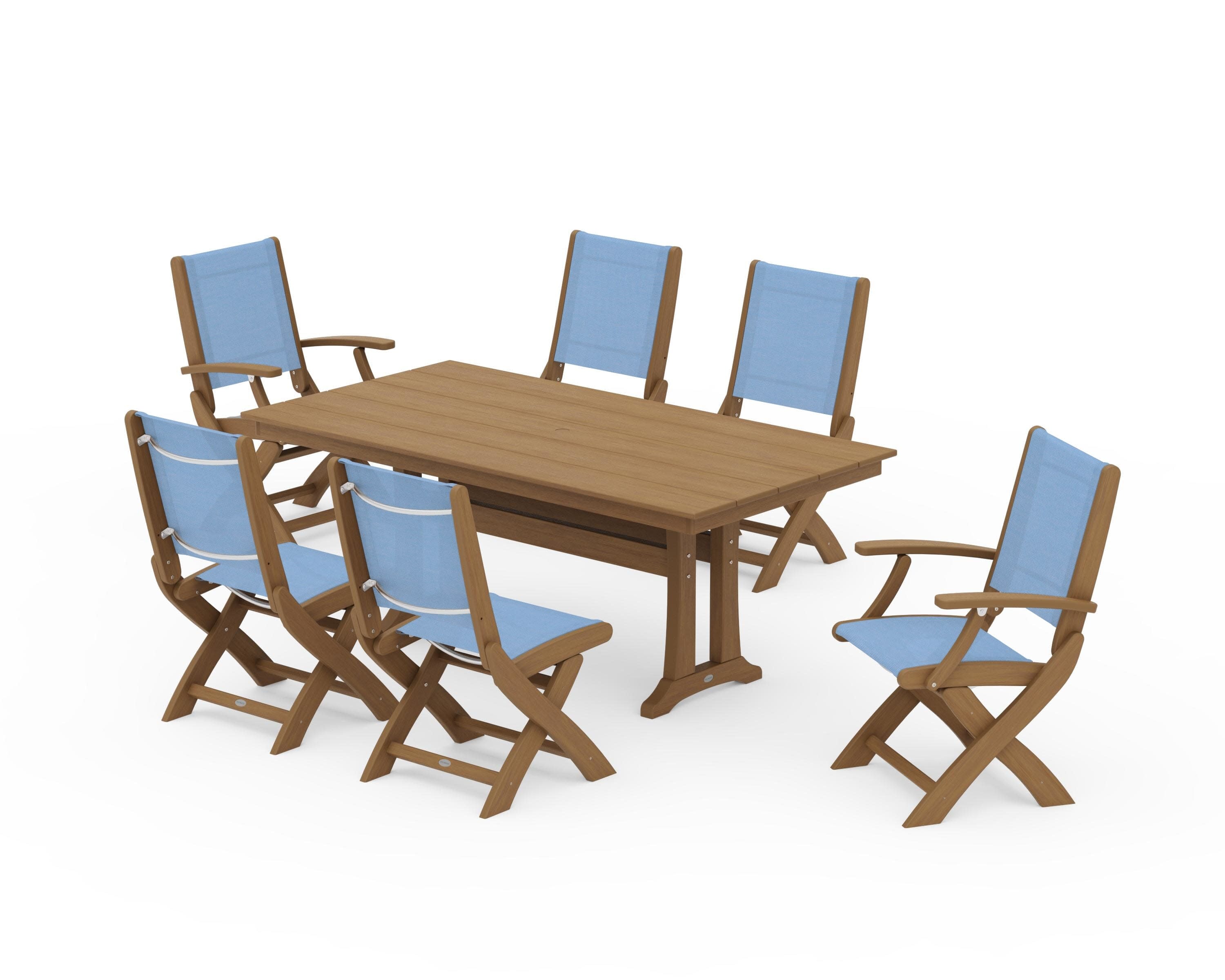 Coastal Folding Chair 7-Piece Farmhouse Dining Set with Trestle Legs in Natural / Poolside Sling