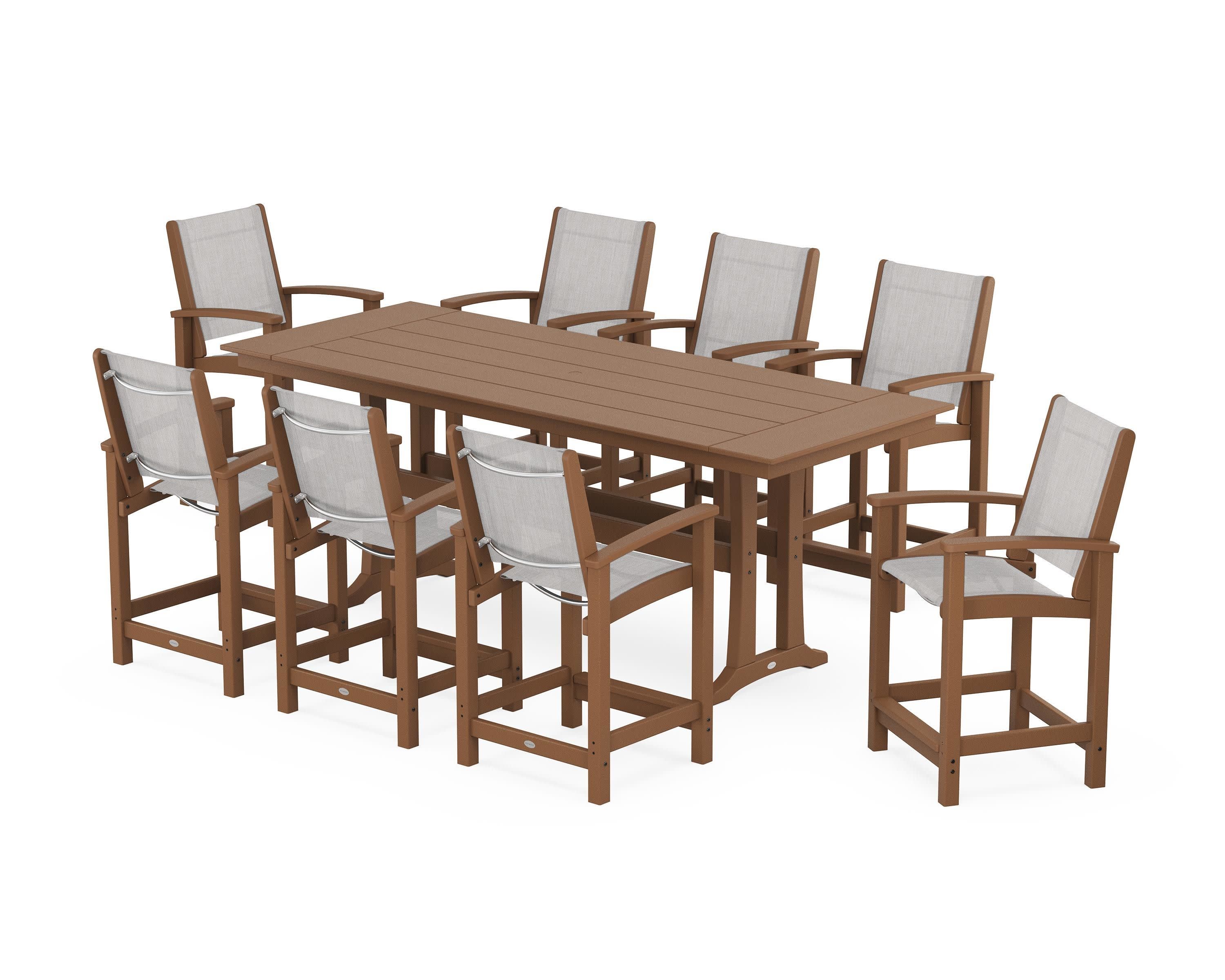 Coastal 9-Piece Farmhouse Counter Set with Trestle Legs in Teak / Parchment Sling
