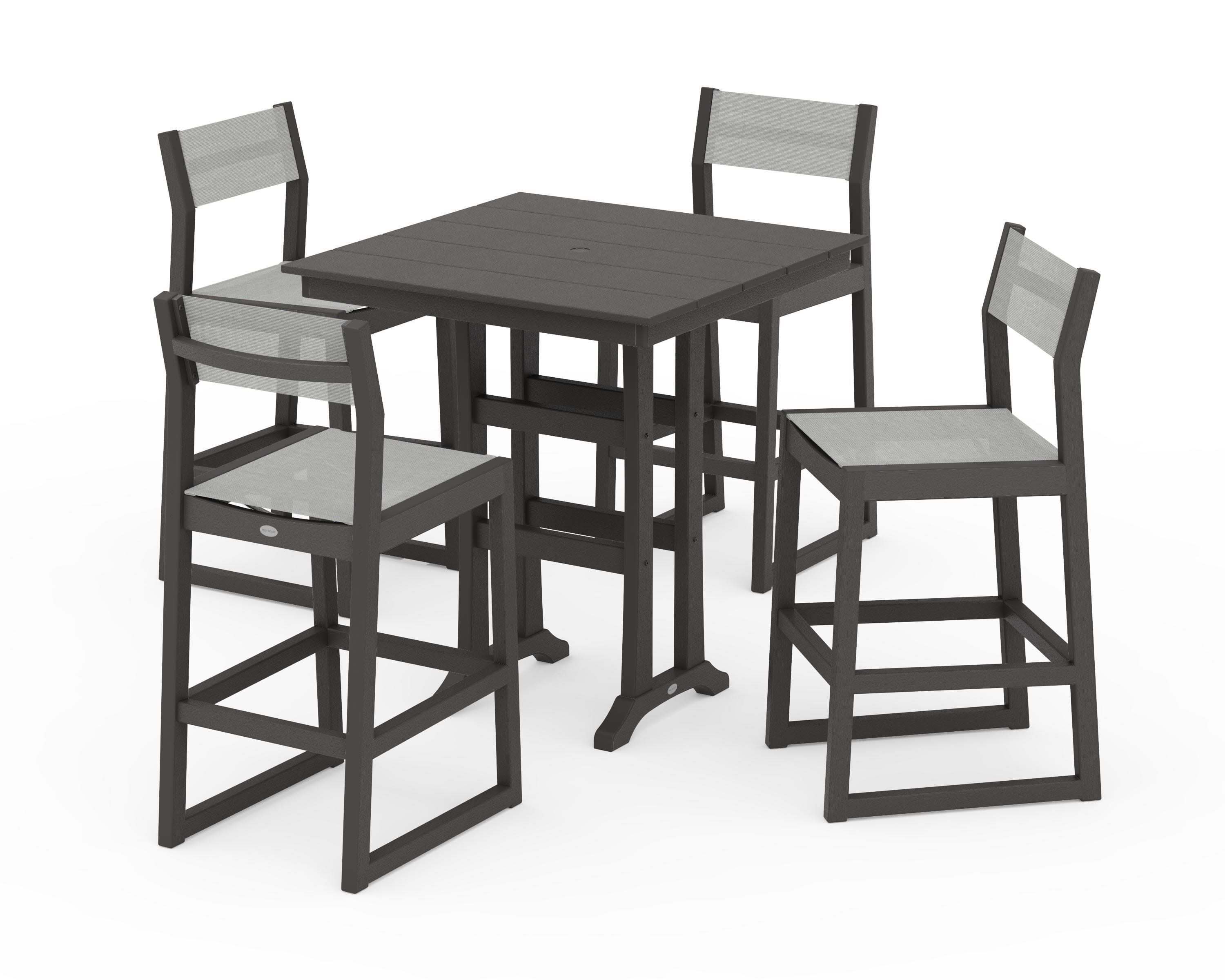 EDGE Sling Arm Chair 5-Piece Farmhouse Bar Set with Trestle Legs in Vintage Coffee / Metallic Sling