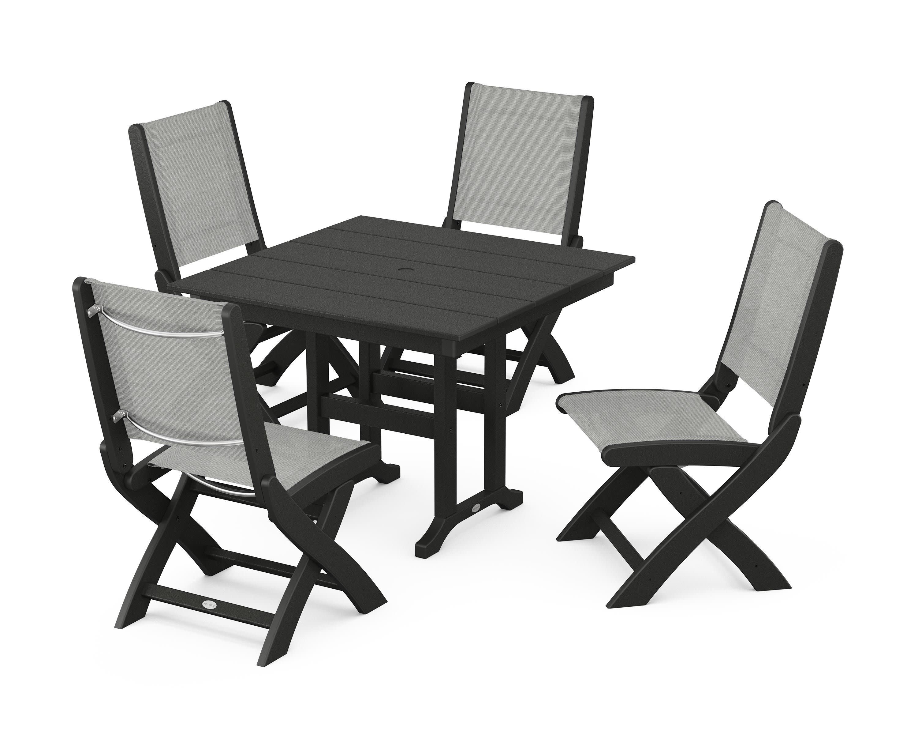 Coastal Folding Side Chair 5-Piece Farmhouse Dining Set in Black / Metallic Sling