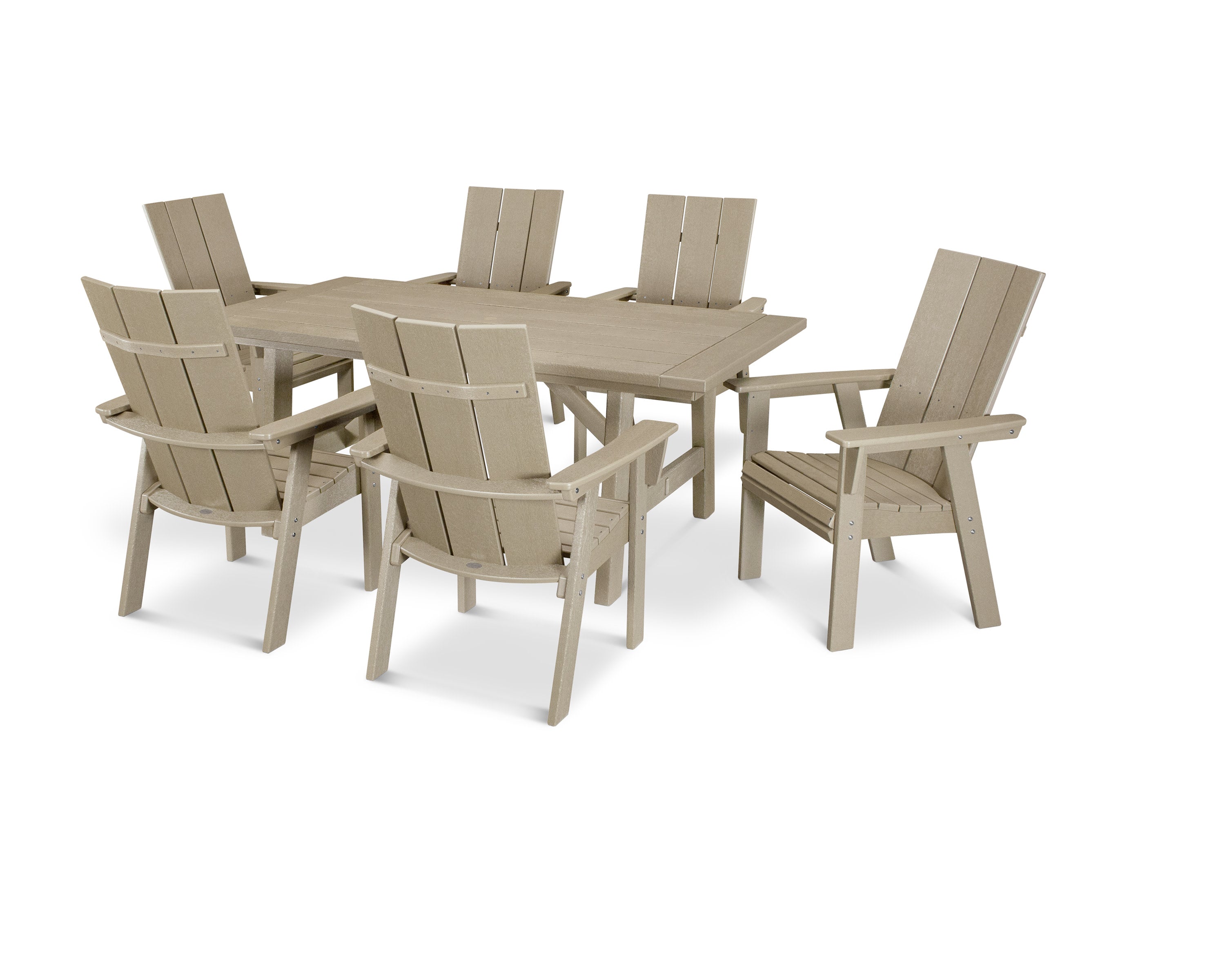 Modern Curveback Adirondack 7-Piece Rustic Farmhouse Dining Set in Vintage Sahara