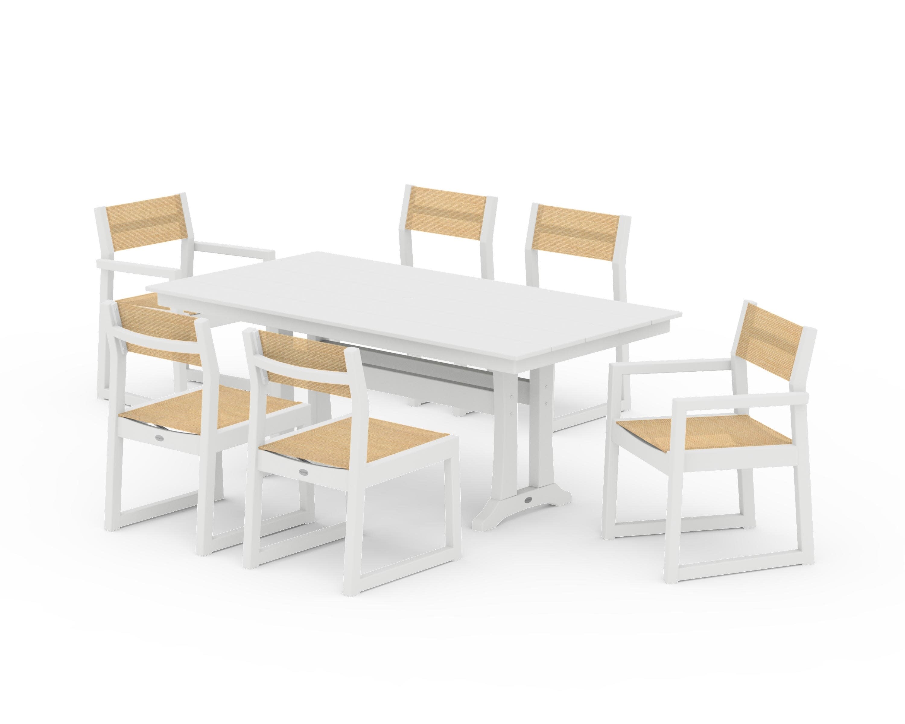 EDGE Sling 7-Piece Farmhouse Trestle Dining Set in White / Dupioni Apricot Sling