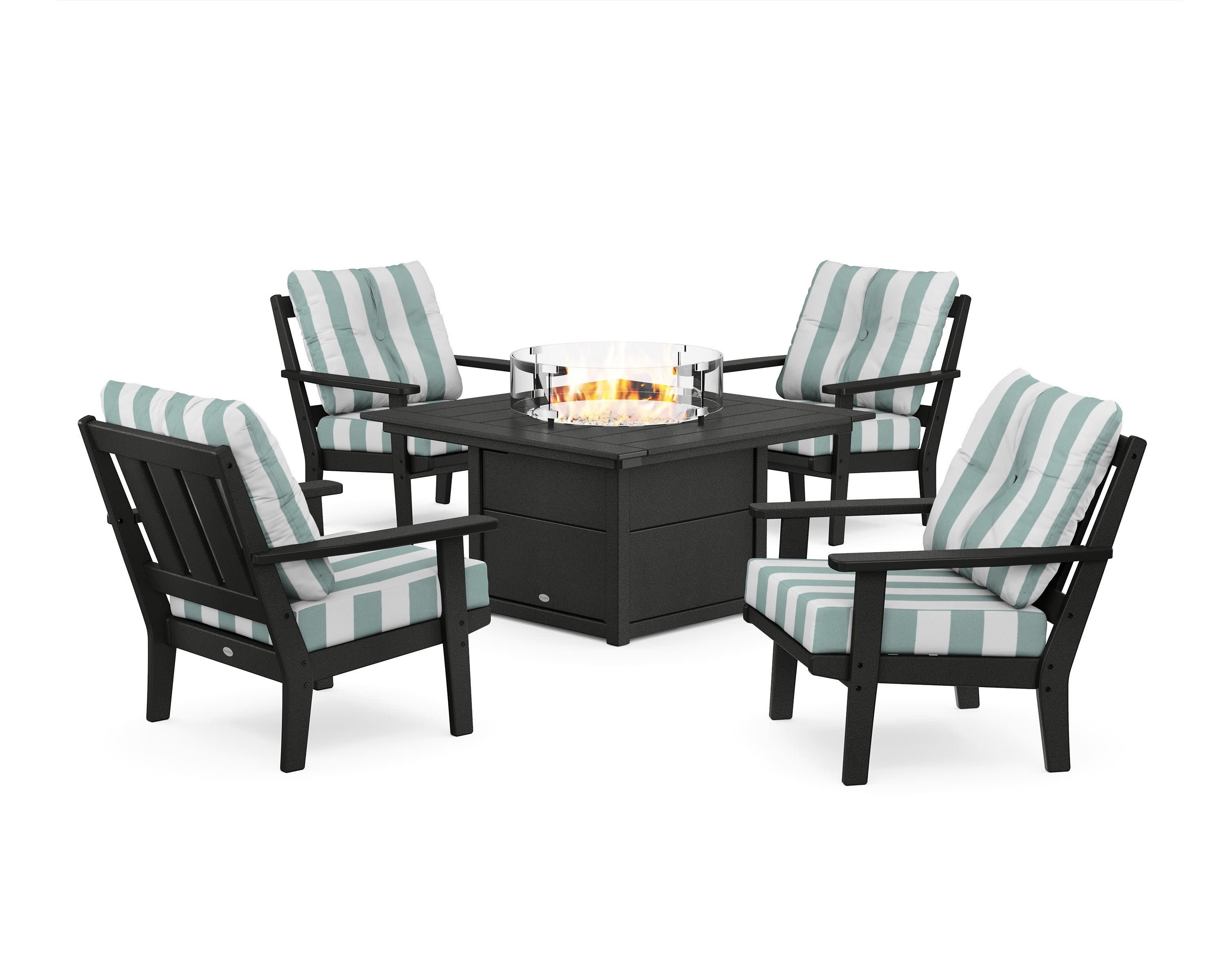 Oxford 5-Piece Deep Seating Set with Fire Pit Table in Black / Cabana Stripe Glacier Spa
