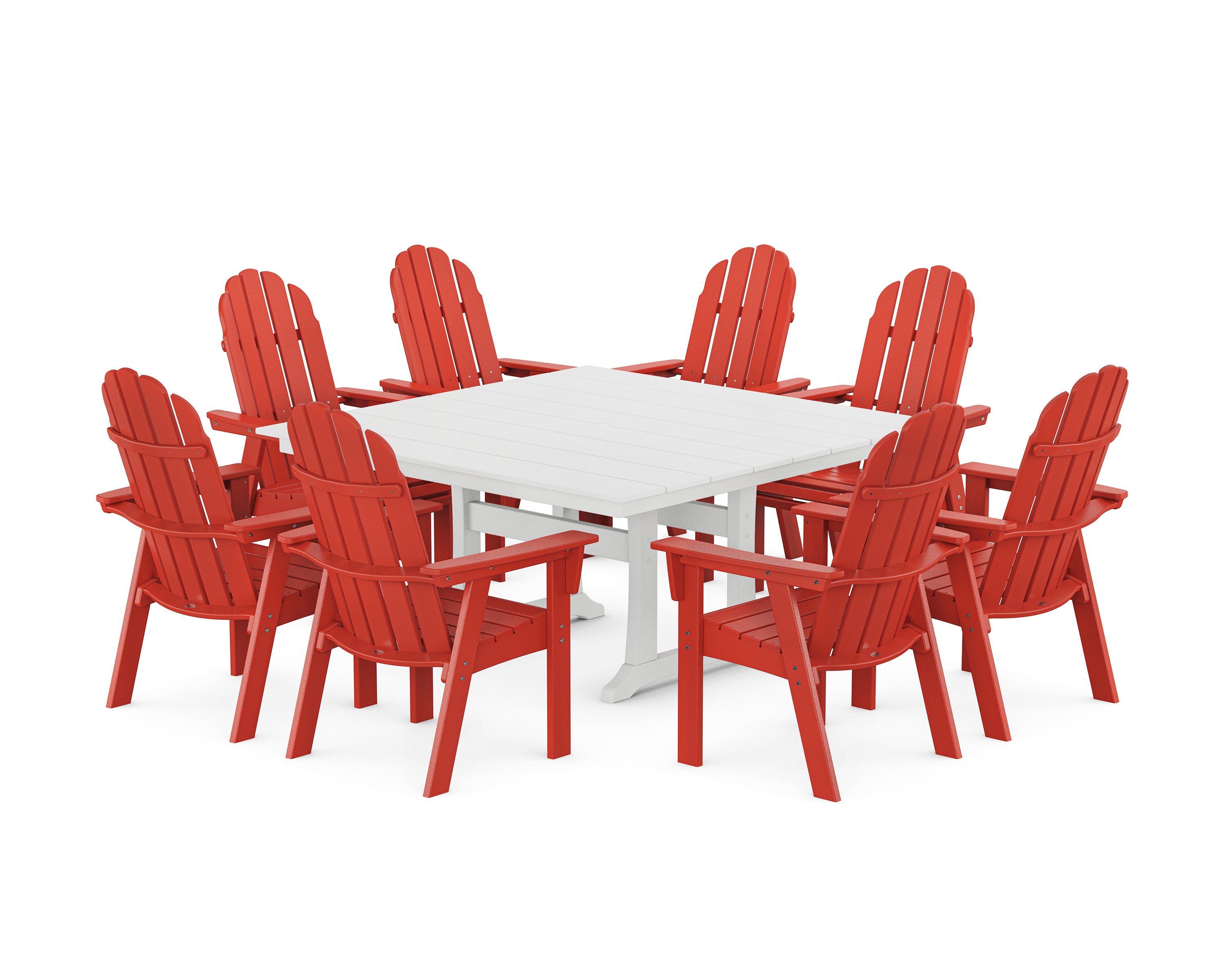 Vineyard Curveback Adirondack 9-Piece Square Farmhouse Dining Set with Trestle Legs in Sunset Red / White