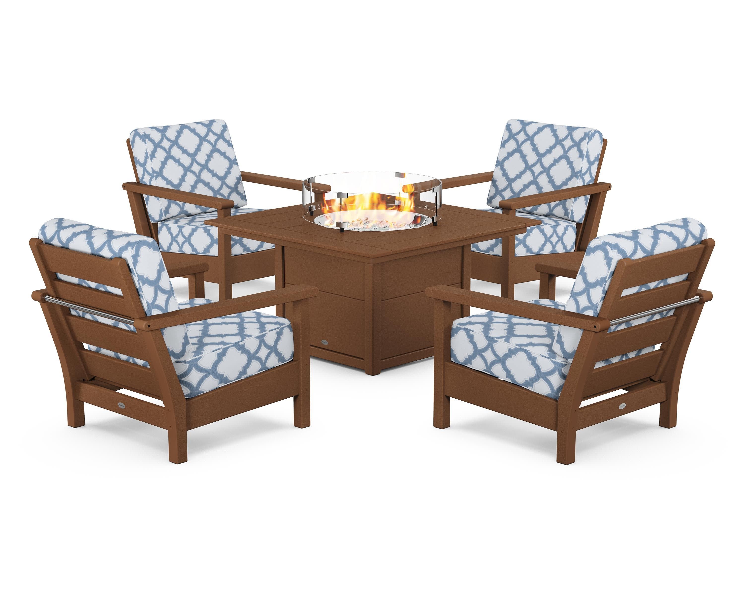 Harbour 5-Piece Conversation Set with Fire Pit Table in Teak / Trellis Sky Blue