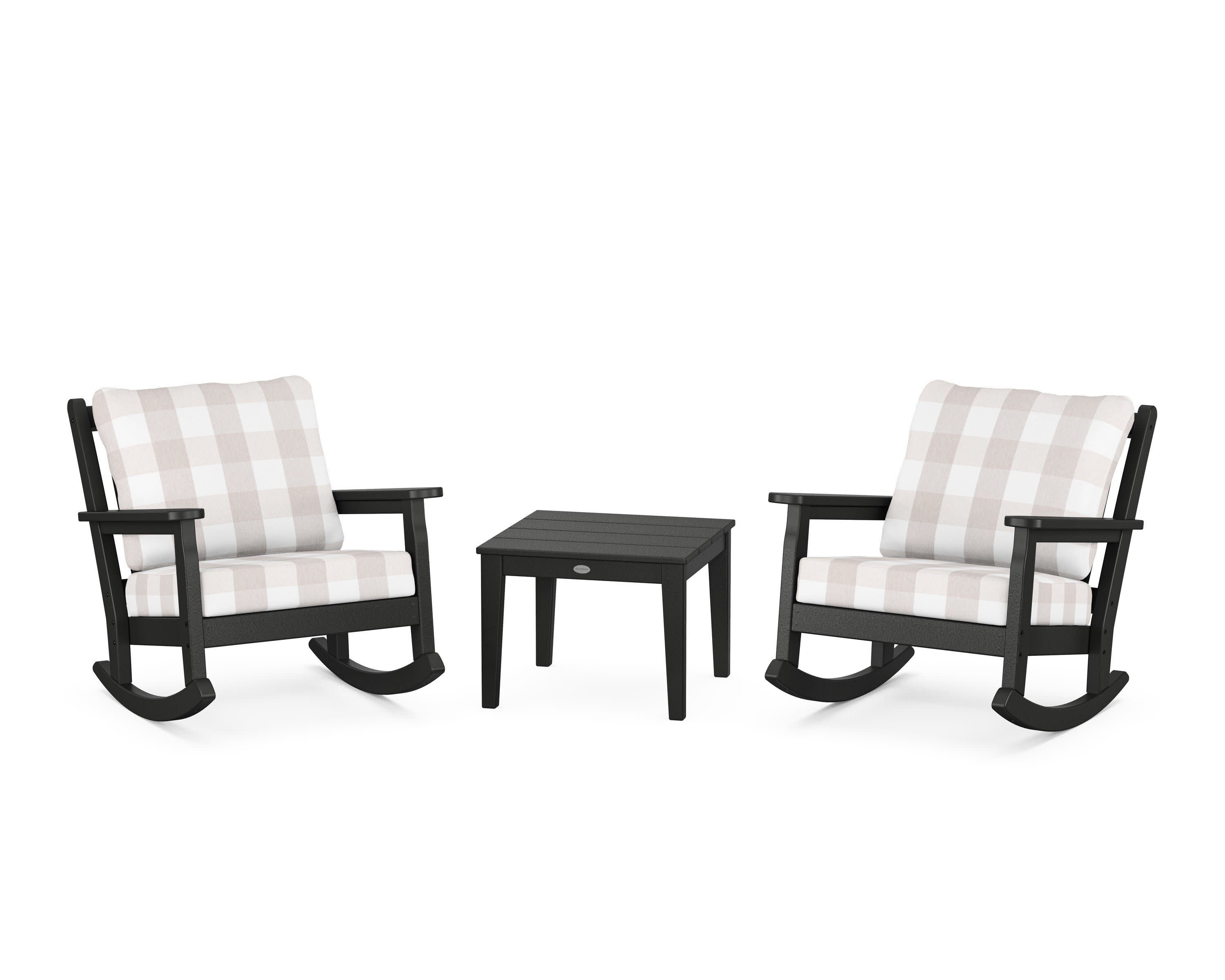 Chippendale 3-Piece Deep Seating Rocker Set in Black / Buffalo Plaid Dune Burlap