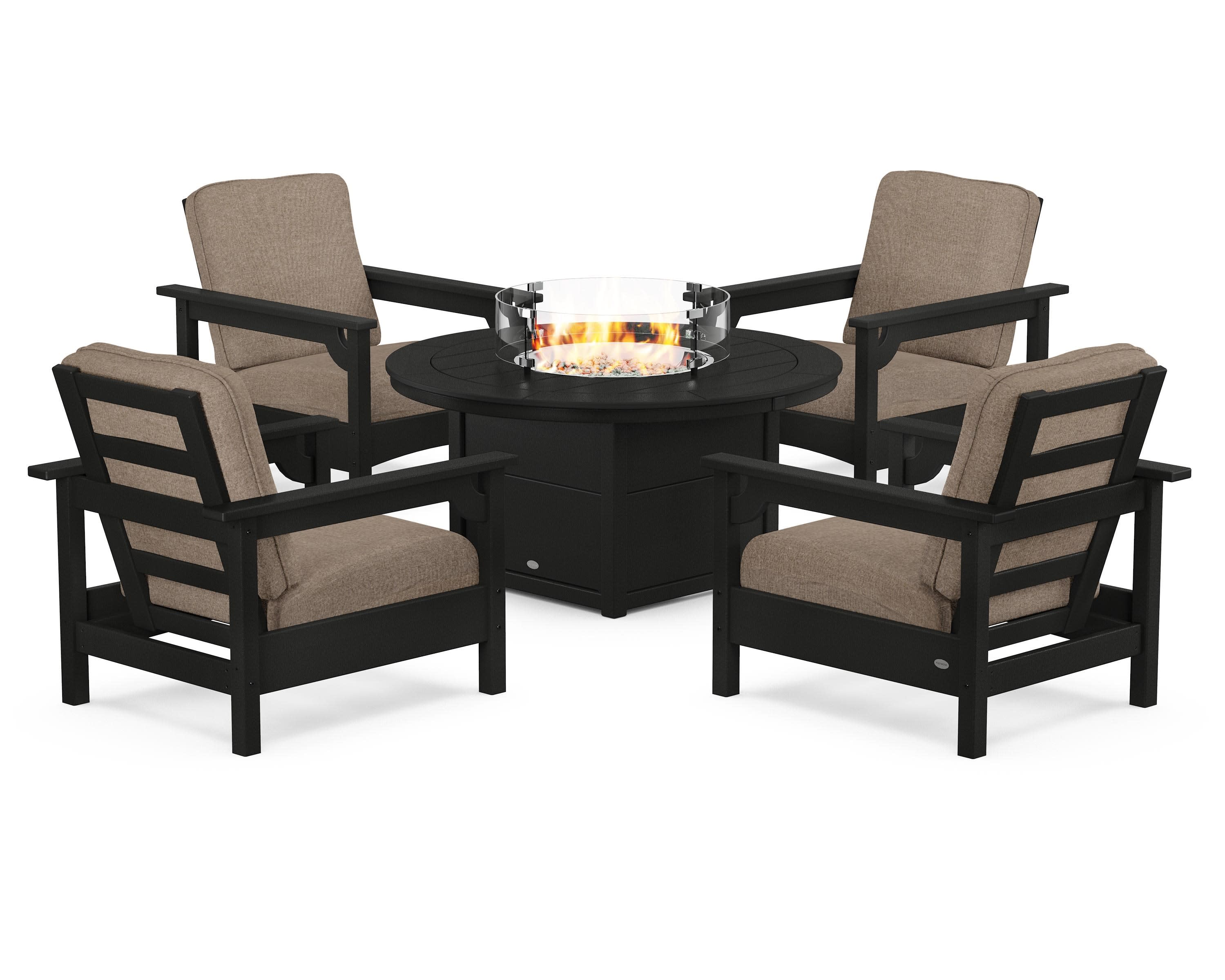Club 5-Piece Conversation Set with Fire Pit Table in Black / Spiced Burlap