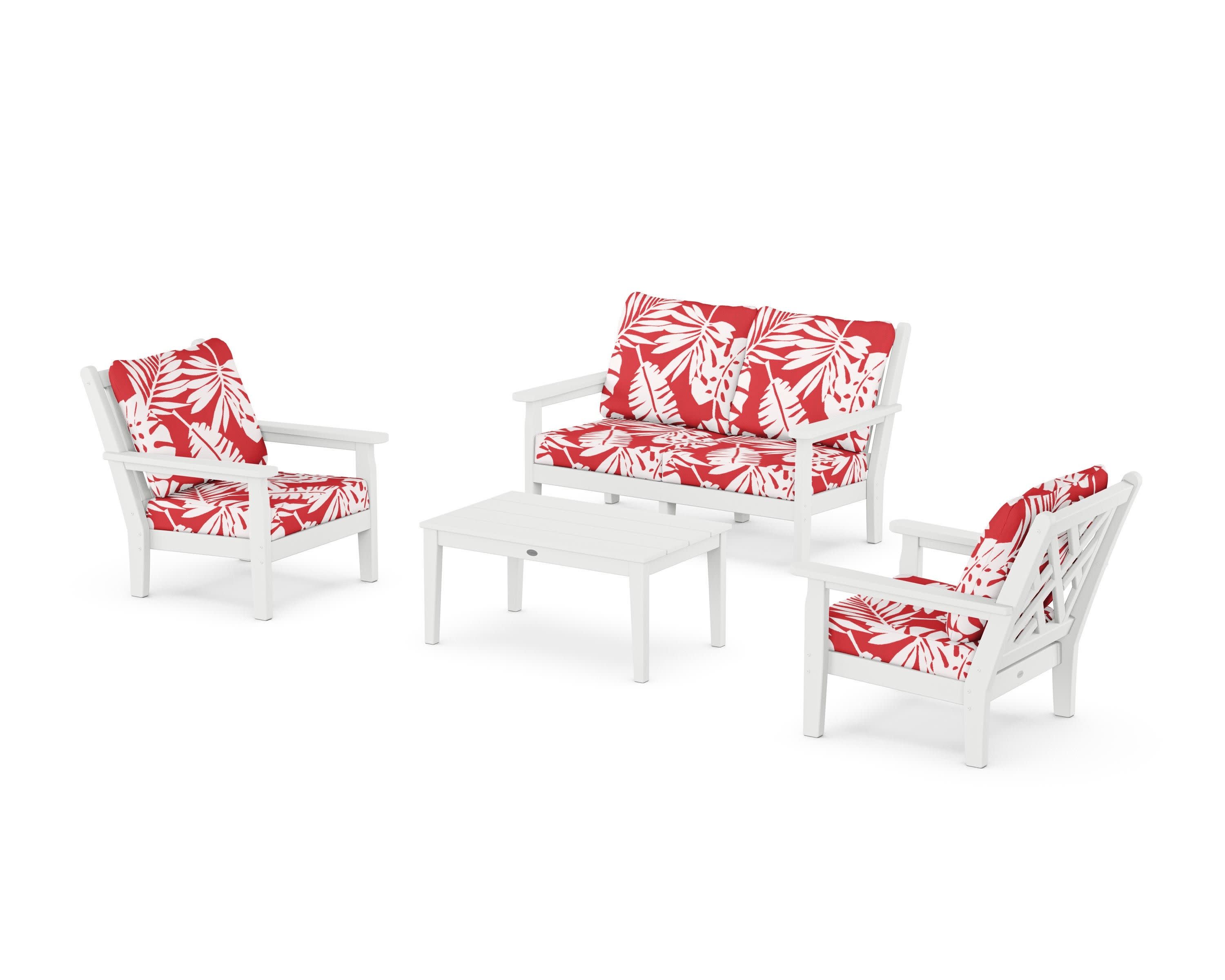 Chippendale 4-Piece Deep Seating Set with Loveseat in White / Leaf Crimson